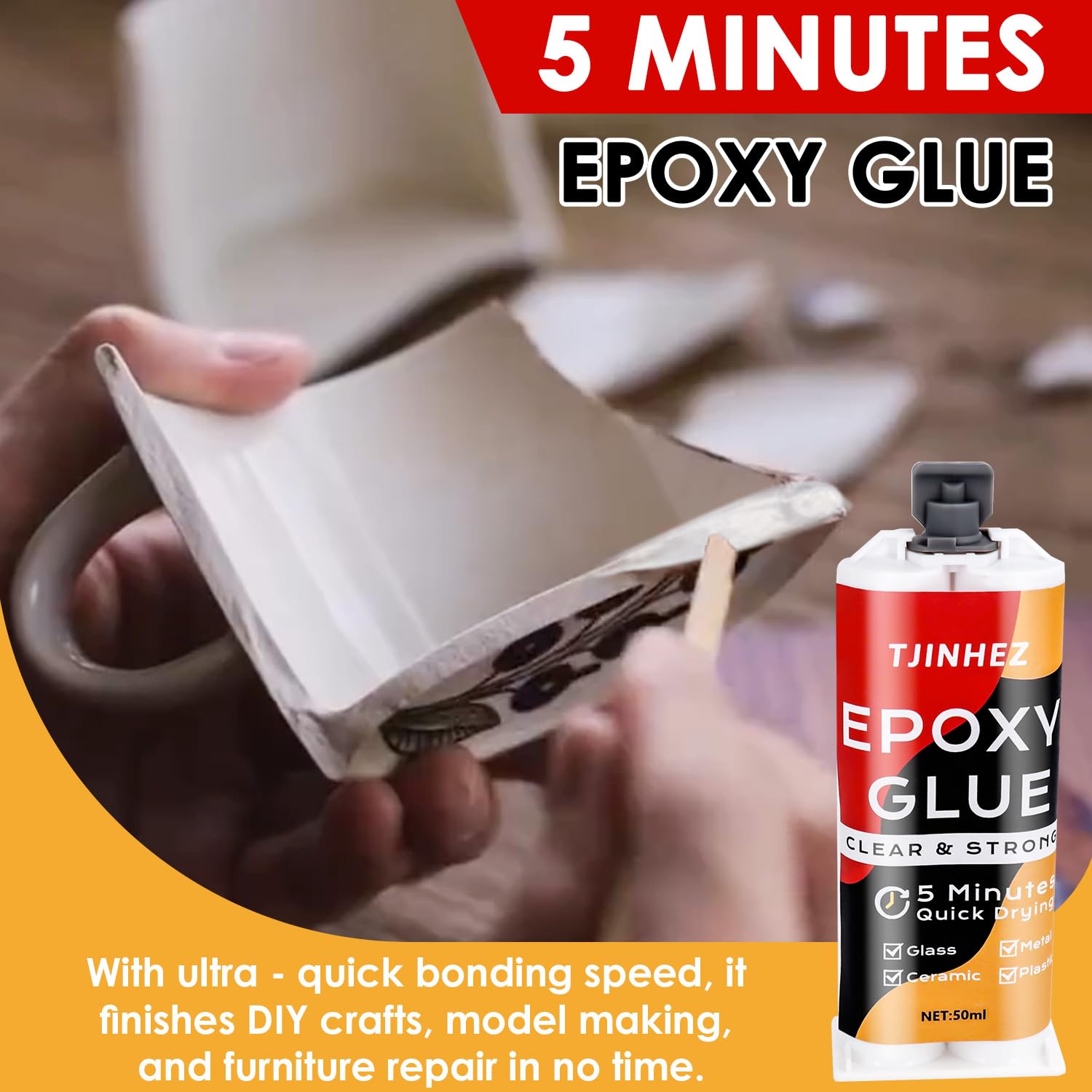 Pegamento Epoxi 2 Componentes 100ml, Secado Rápido 5 Minutos, Transparente, Fuerte, Impermeable y Resistente al Calor - Para Plástico, Madera, Cristal, Piedra, Cerámica, Metal