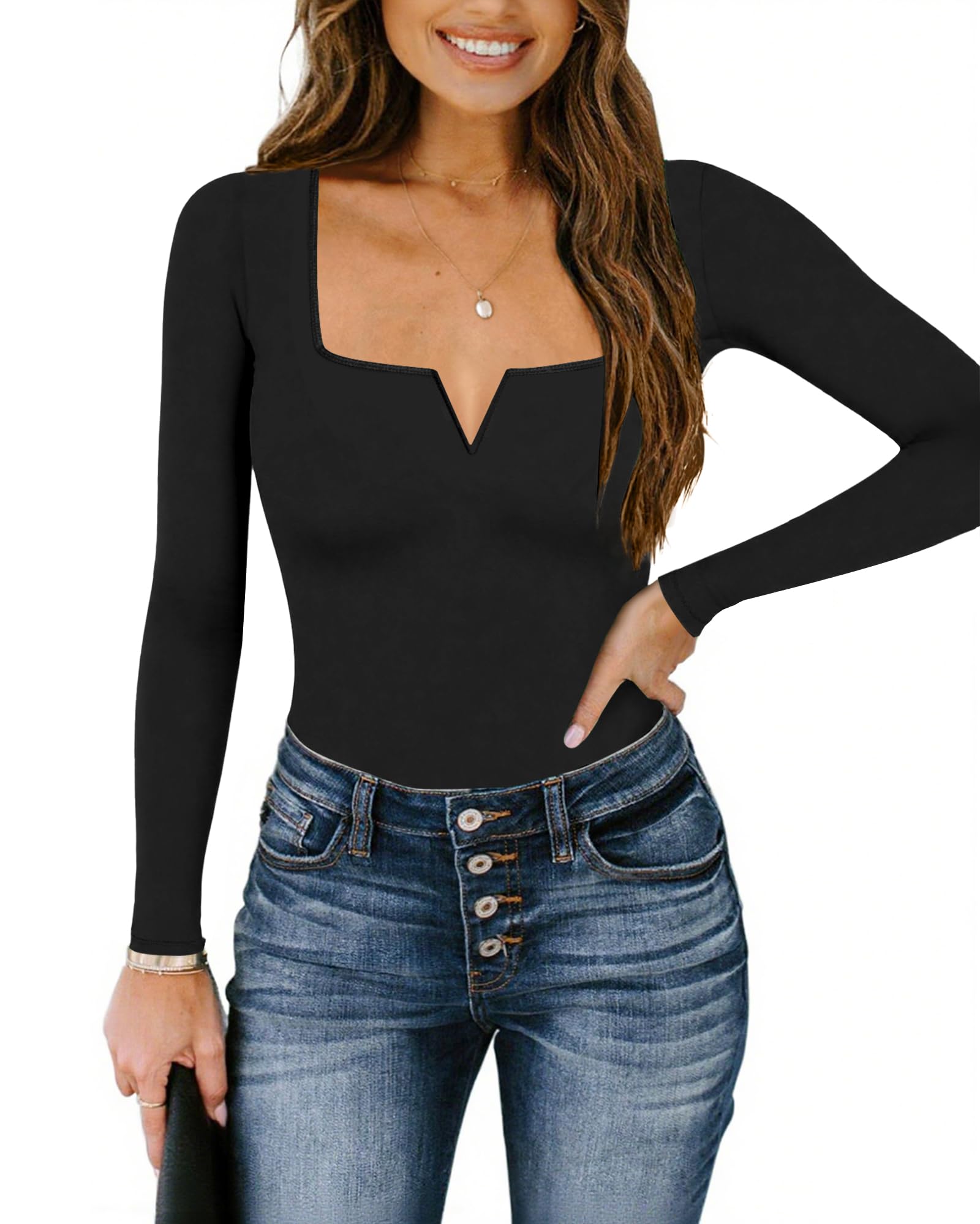 Chunpin Body de manga larga con cuello en V y cuello cuadrado y manga corta para mujer, Manga larga negra., M