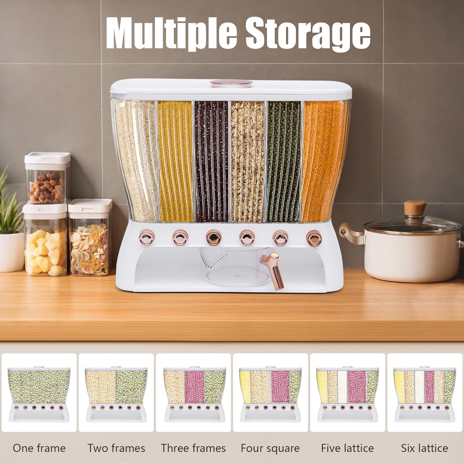 JOMCYDM 6-grid Dry Food Dispenser Large Capacity Adjustable Rice Dispenser with Cup Grains Storage Cereal Dispenser Ideal for Organizing Dry Food Perfect for Rice Pasta Nuts and Other Grains
