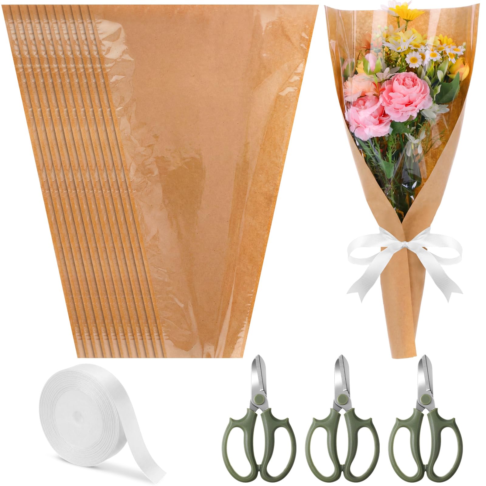 Lanties 54 Pcs Flower Wrapping Sleeves 18 x 9.8 in Kraft Back Clear Front Bouquet Bags with Ribbons and Floral Scissors Florist Wrapping Supplies for Graduation Wedding DIY Flower Arrangement-image-44