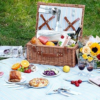 HappyPicnic Wicker Picnic Basket Set for 4 Persons - Large Willow Hamper with Large Insulated Cooler Compartment, Free Waterproof Blanket and Cutlery Service Kit-Classical Brown