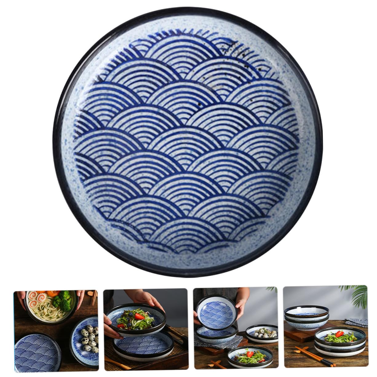Assiette en Céramique Style Japonais Vintage Bleu, Plat Dessert Surface Lisse Facile à Nettoyer, pour Servir les Repas la Maison