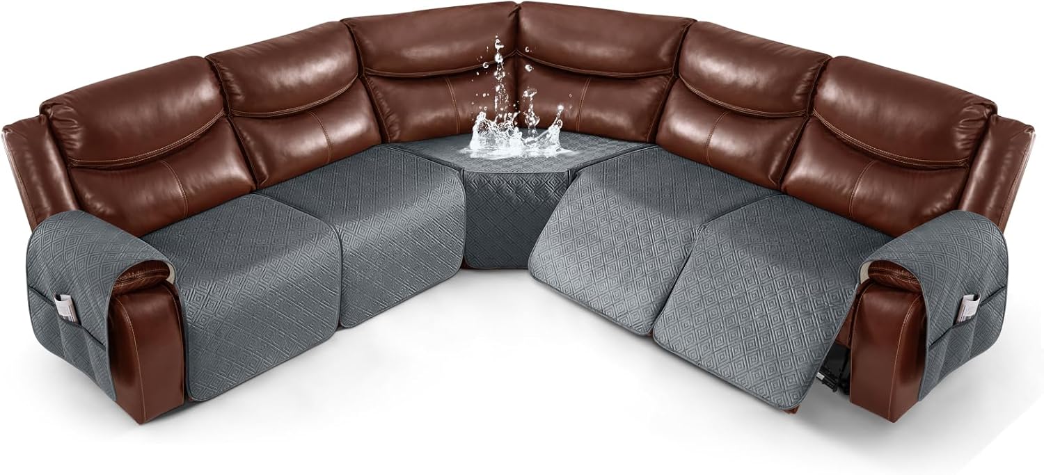 Timeles Waterproof Velvet Reclining Corner Sectional Couch Covers Extra Large L-Shaped Recliner Sofa Slipcover Without Backrest Thick Soft Washable (Gray, 5-Seat Set)