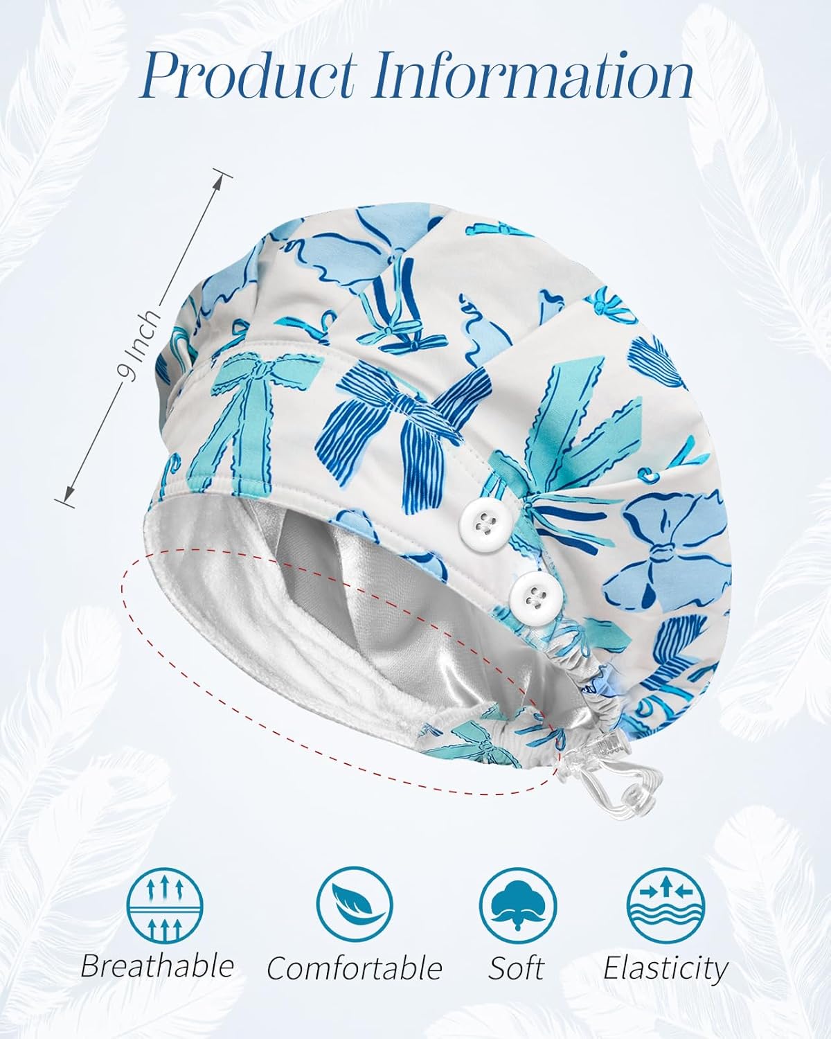 Plifal Satin Lined Bouffant Scrub Cap with Buttons-Adjustable 100% Cotton Nurse Hat with Sweatband and 2 Scrunchies - Image 2