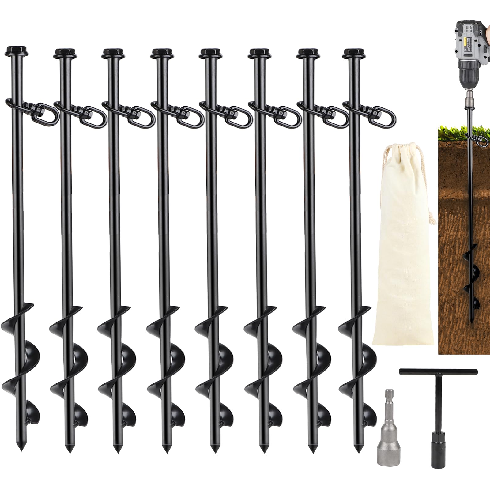 SWAWIS 8 Pezzi Ancoraggio A Terra Trampolino Ancoraggio A Terra 40 Cm In Acciaio A Vite Con Adattatore Per Trapano A Terra, Chiave, Borsa Per Tende, Trampolino, Tettoie
