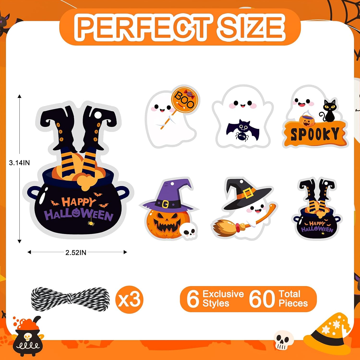 60Pcs Halloween Tags for Gifts, Gift Tags with String for Halloween Goodie Bags, Ghost Pumpkin Decoration Labels, Halloween's Gifts Cards for Treats, Crafts, Party Favors(Shape60pcs) image 2