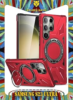 جراب حماية مغناطيسي متوافق مع ماج سيف مضاد للصدمات حامل حلقي لموبايل سامسونج جالاكسي S23 ألترا من جولدن ماسك أحمر بلاستيك