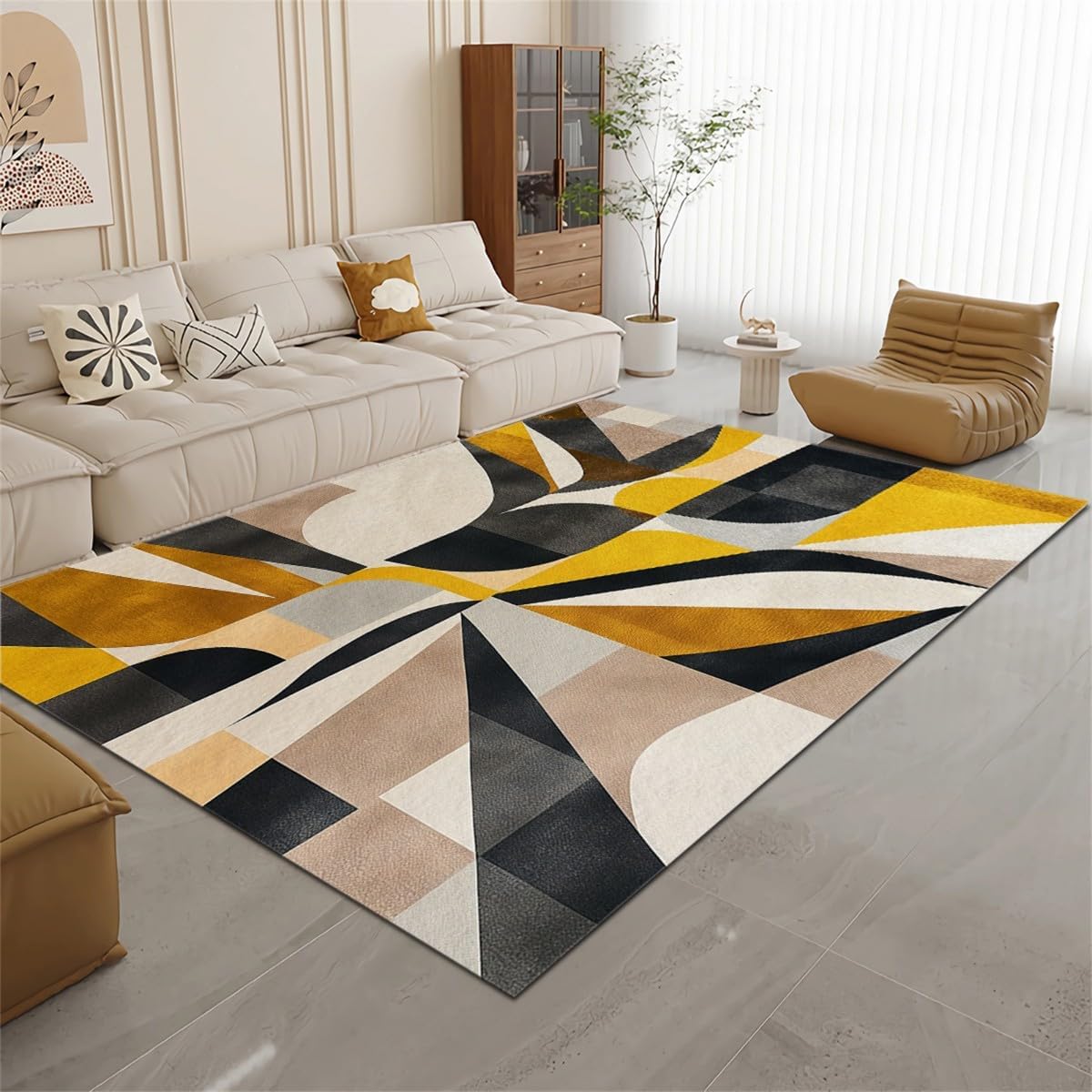 Grey Yellow Black Brown White Geometry Rug for Living Room Bedroom Diningroom Luxury Art Decor Home Office Guestroom Floor Carpet Indoor Outdoor Rug Mat Abstract Design Carpet 2 x 3 ft