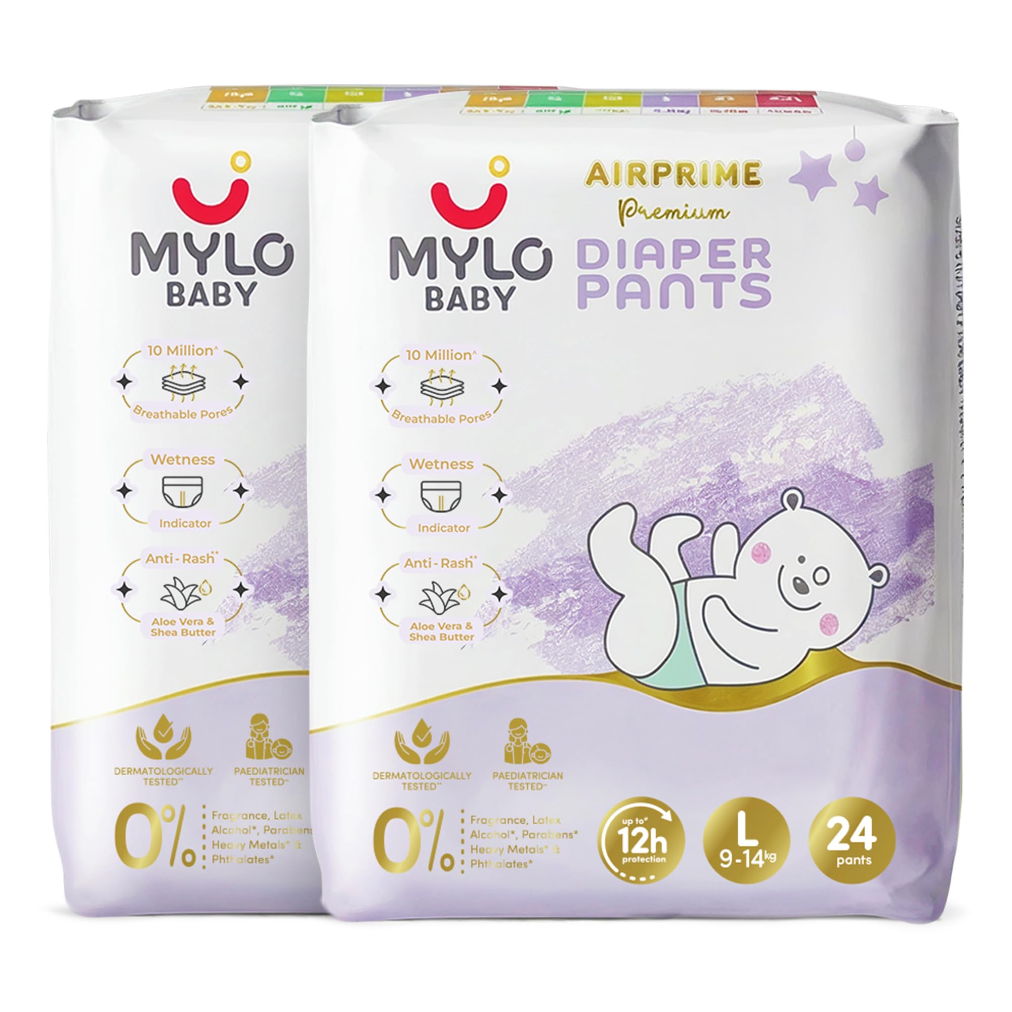 Mylo Baby AirPrime Premium Diaper Pants Large (L) Size (9–14 kgs) (24 Count) Leak Proof | Ultra-Thin & Breathable | Up to 12 Hours Protection | No Rashes (24 Count, Pack of 2)-image-20