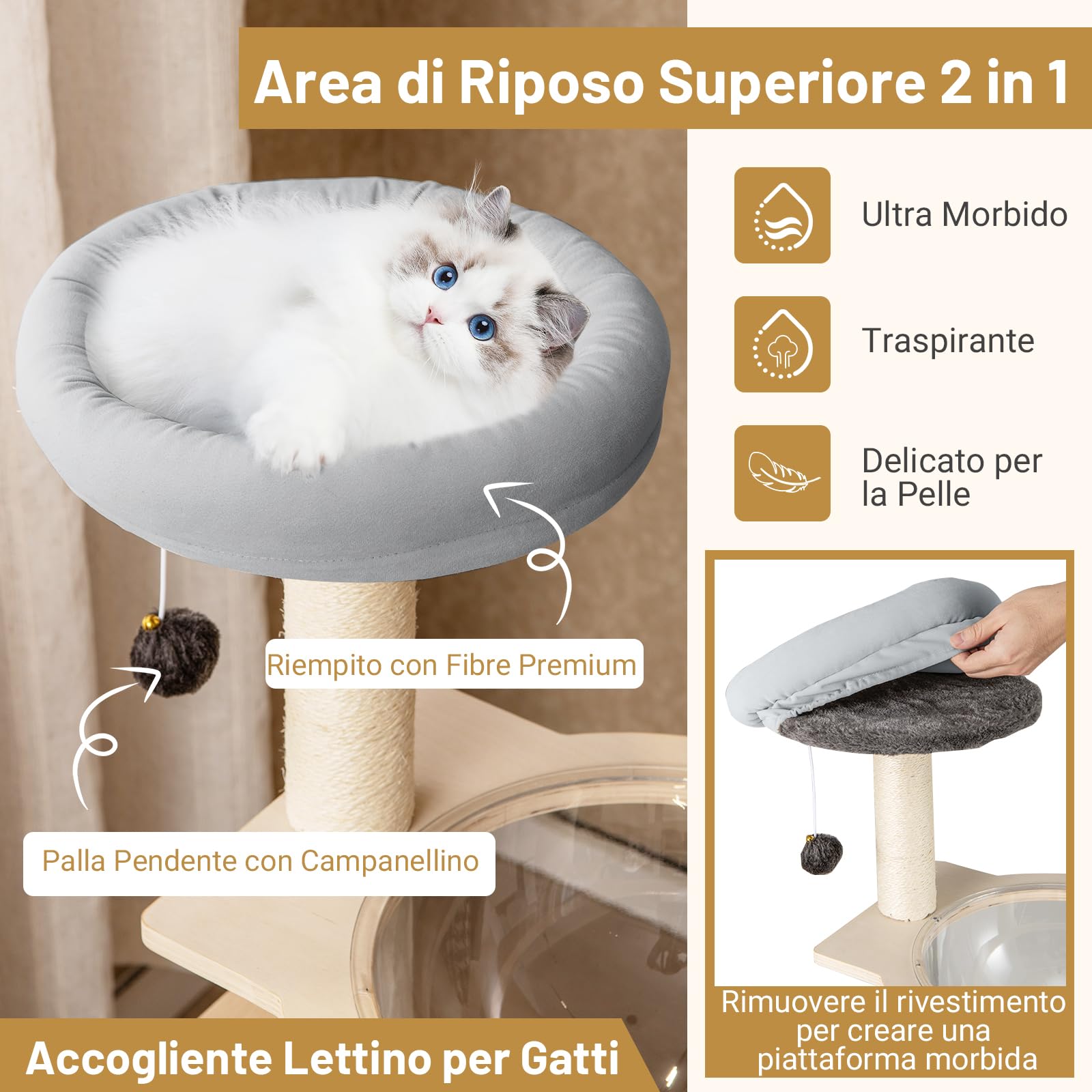 GYMAX Albero per Gatti, 50 x 40 x 113 cm, Piattaforme per Salti, Posatoio Superiore, Capsula Spaziale, Torre con Tiragraffi, Giocattolo Sospeso con Campanella per Gatti Adulti e Gattini