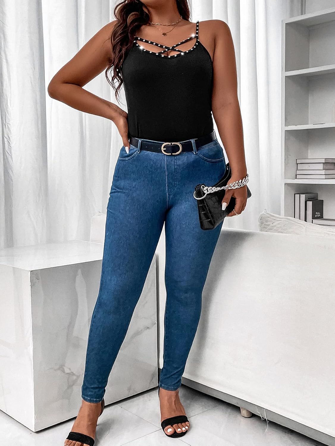 WDIRARA Women's Plus Size Rhinestone Crisscross Spaghetti Strap Cami Top - Image 2