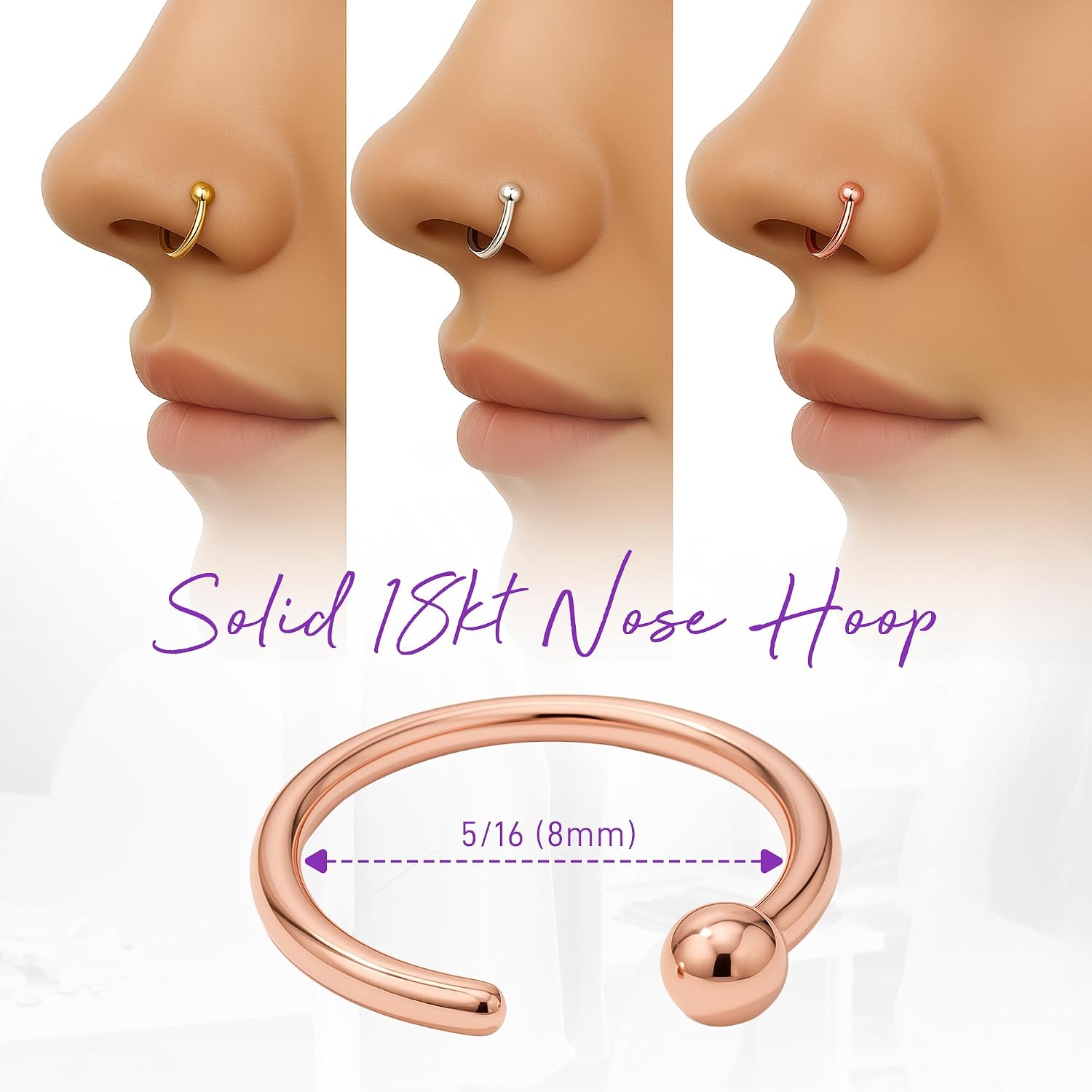 FreshTrends 18K Solid Gold Nose Hoop Ring – 20G Gauge – 5/16″ Real 18K Gold Nose Ring for Sensitive Piercings – Made in USA Luxury Body Jewelry Nose Rings Hoops