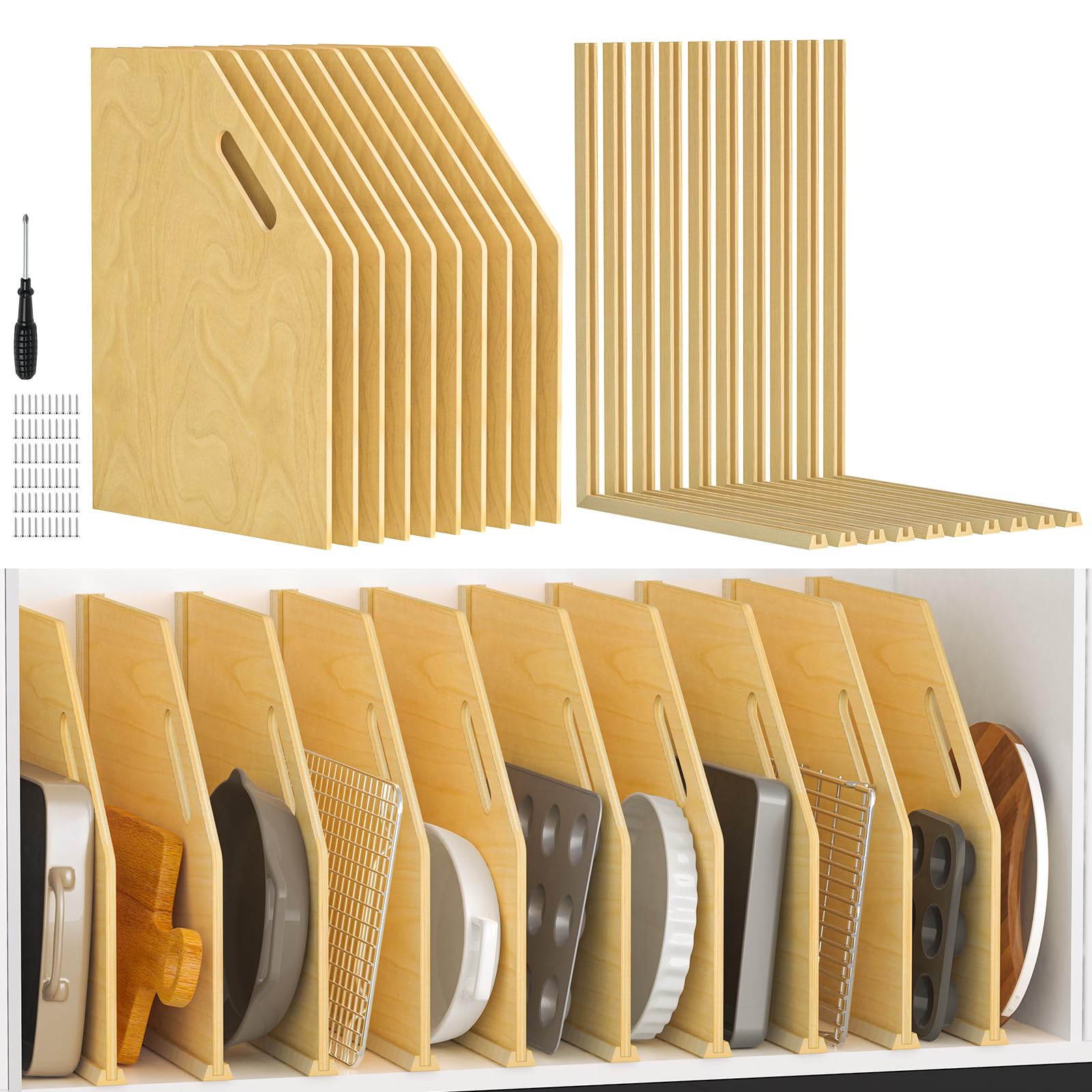 Photo 1 of 10 Pack Wood Tray Dividers For Cabinet, Adjustable Vertical Cookie Sheet Organizer, Cabinet Dividers Organizer For Pots, Cutting Board, Pans, Lids, Baking Sheets And More