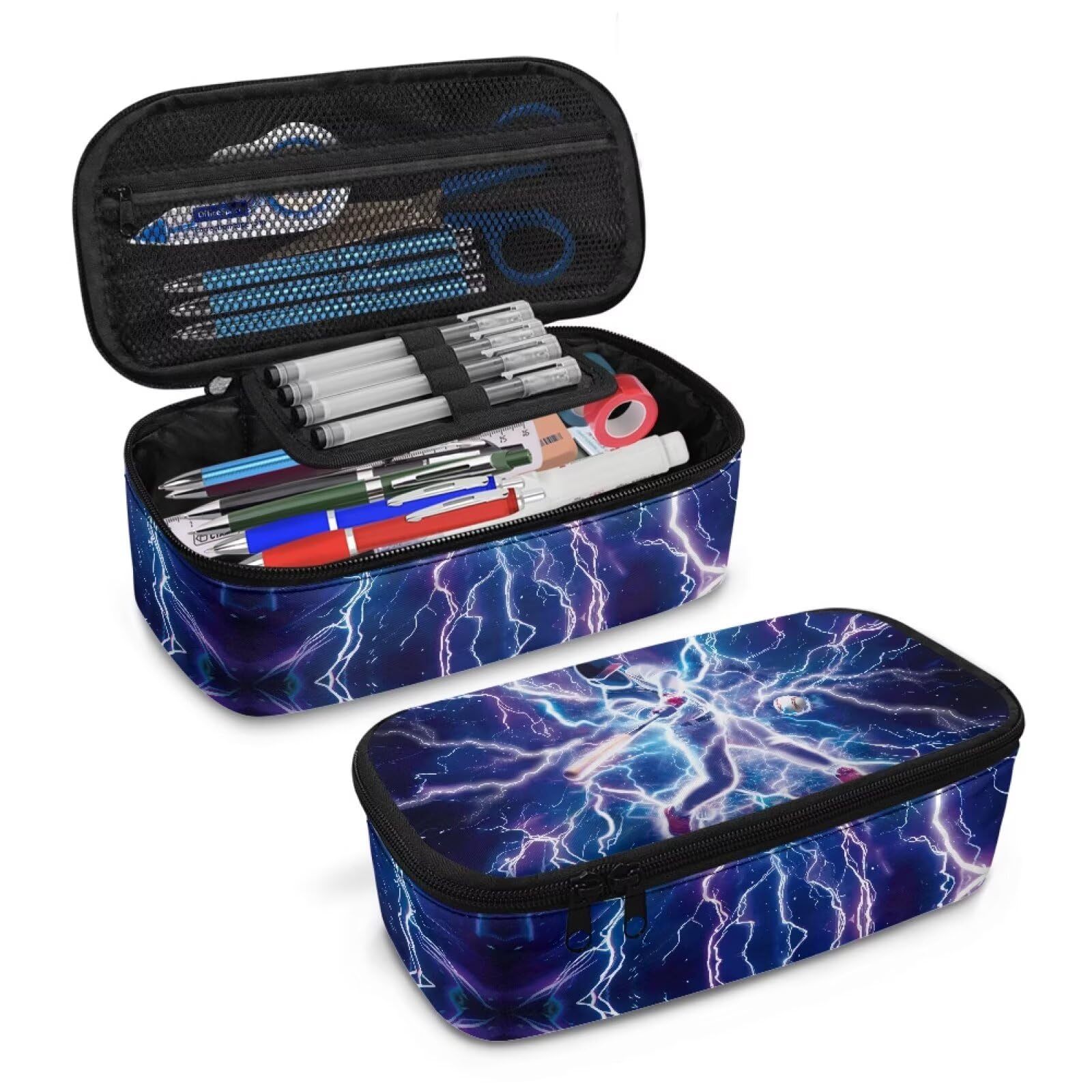 Baseball Player Print Kids Pencil Pouch for Boys Girls Cool Lightning Pencil Case with Smooth Zipper, Back to School Essential
