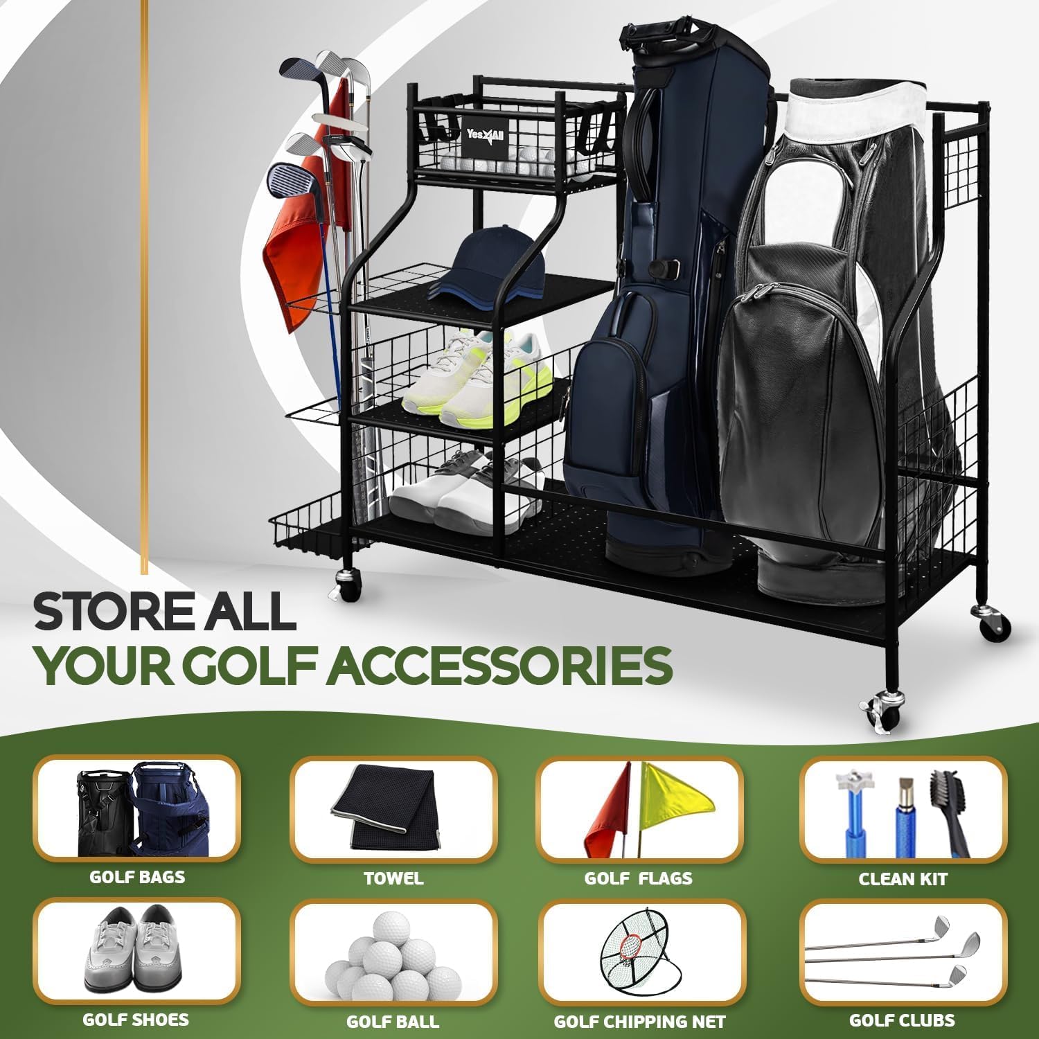 Yes4All Golf Storage Garage Organizer, Golf Bag Storage Stand and Other Golfing Equipment Rack, Extra Storage Rack for Golf Clubs,Black