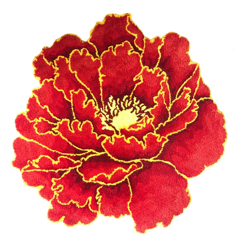 Peony Flower Shaped Area Rug Living Room Bedroom Non-Slip Floor Mat, 60x60cm/23.62x23.62inches (RED)