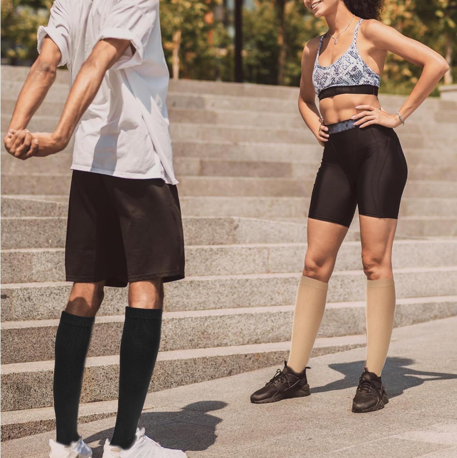 Open Toe Compression Socks for Women & Men, 2 Pairs Toeless Compression Socks 15-20 mmHg Knee High Stockings for Circulation Support, Medium, Beige/Black - Image 5