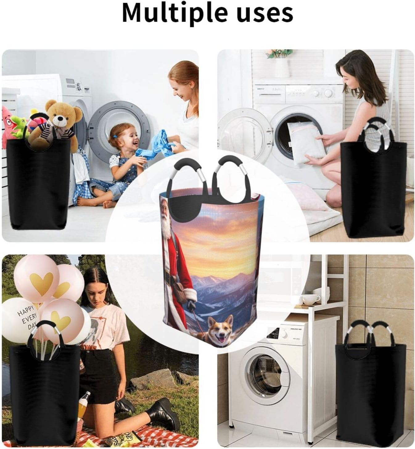 Santa Claus Snow Secenry Printed Laundry Basket,Collapsible Laundry Hamper with Handles, Dirty Clothes Hamper,Storage Organization 50L