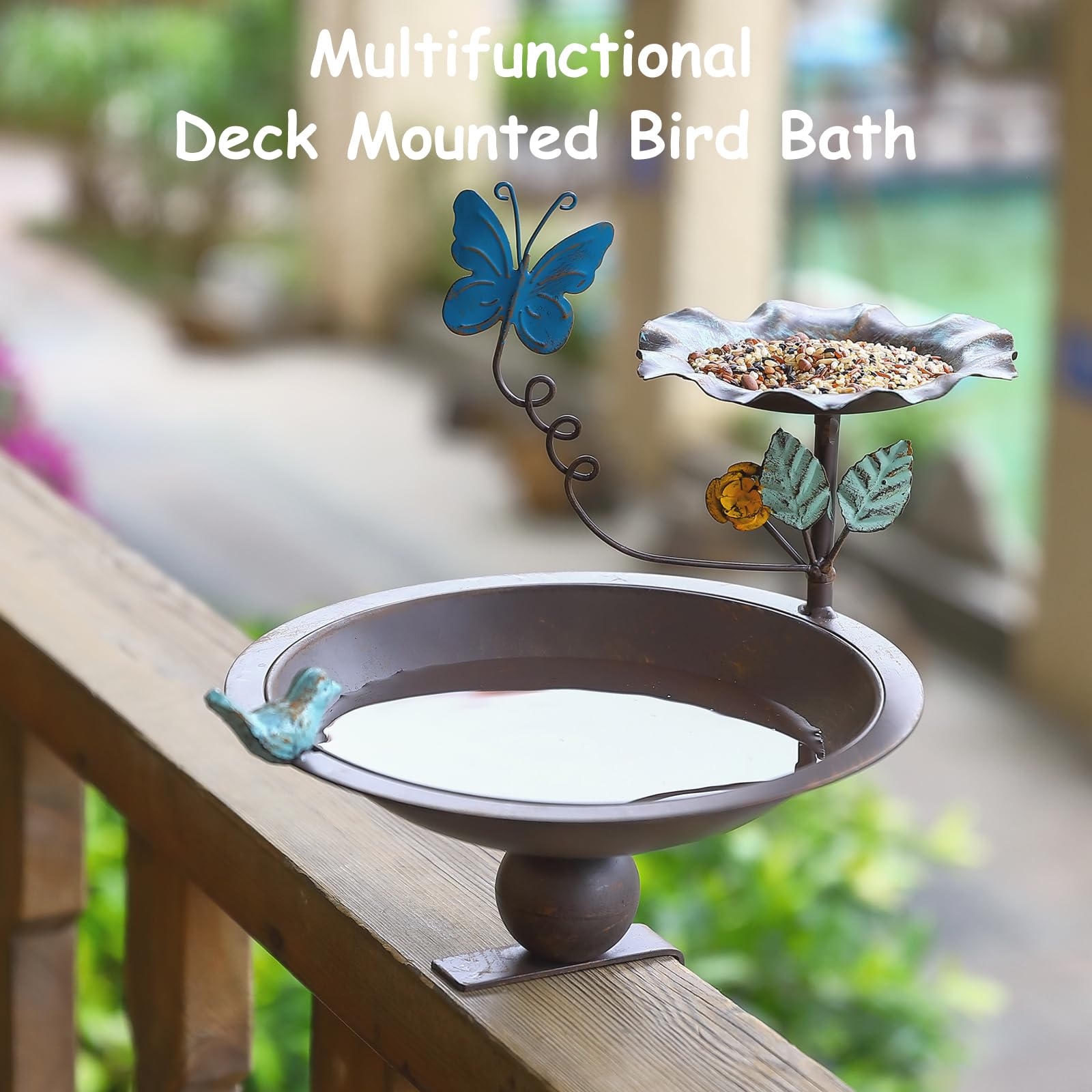 Baño y comedero para pájaros para barandilla de cubierta, baño de pájaros 2 en 1 montado en la cubierta con decoración de mariposa vívida, baño de metal para pájaros para exteriores, porche