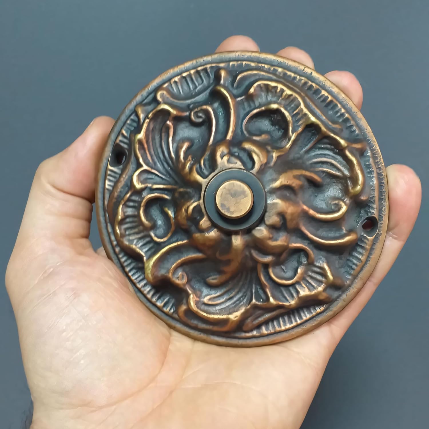 Large Ornate Brass Wired Doorbell Chime Push Button, 4 inches, Decorative Door Bell Push (Antique Copper)