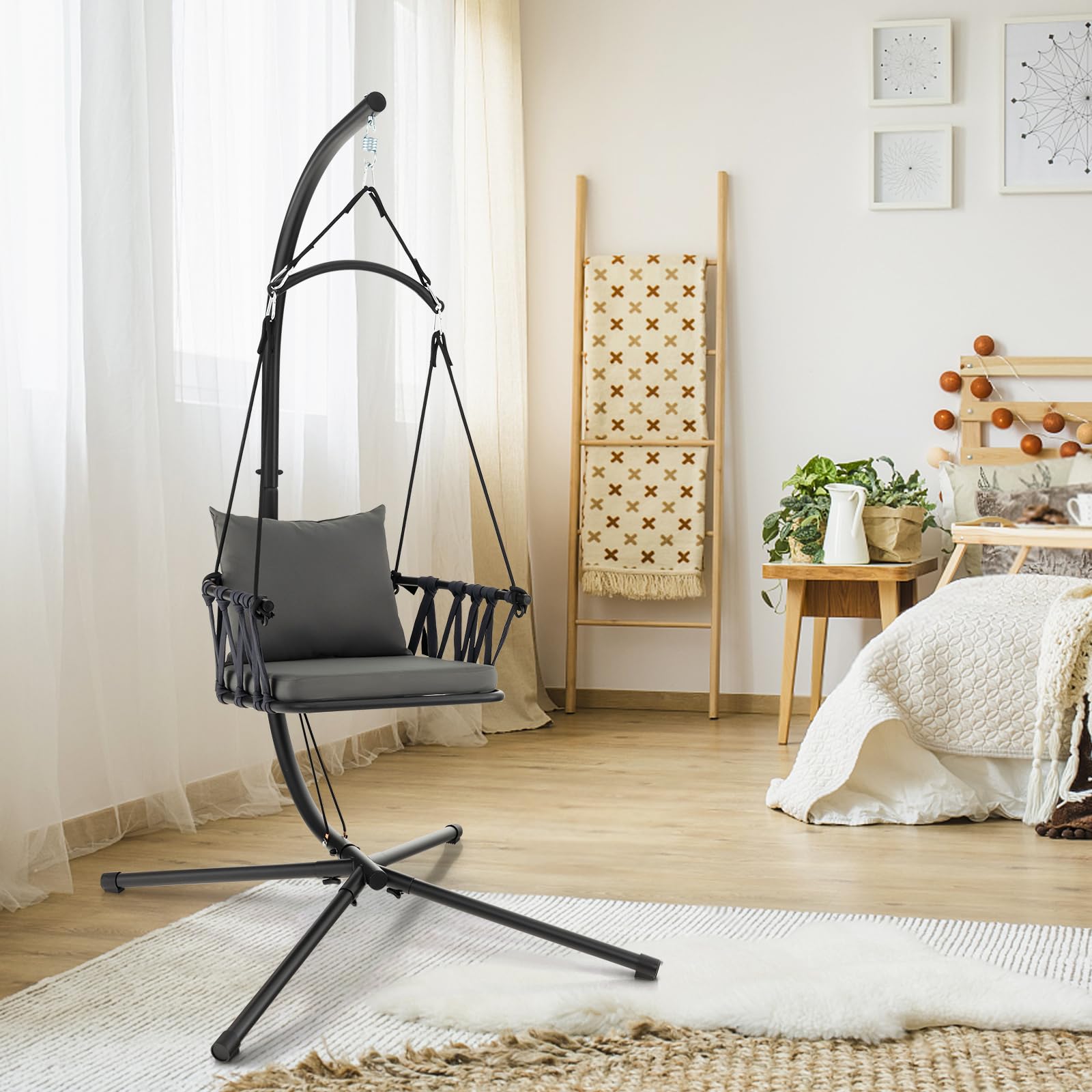 DREAMADE Chaise Suspendue Pliable avec Support Métallique,Balançoire avec Coussin&Oreiller&Dossier en Corde Tissée,Chaise Hamac Suspendue Intérieur Extérieur Charge de 150KG