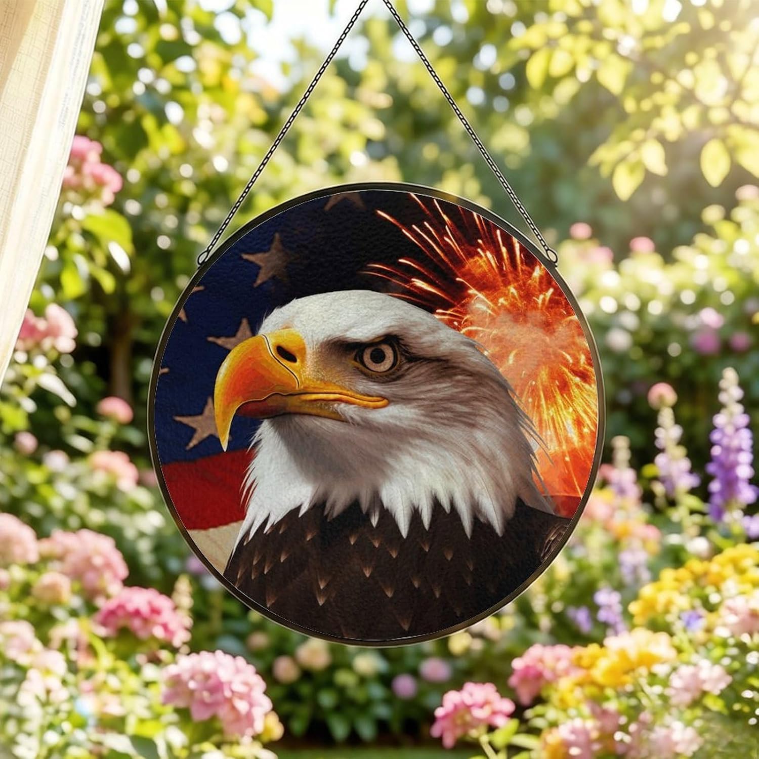 30x30cm Round Stained Glass Suncatcher for Window Hanging Decor with Chain
