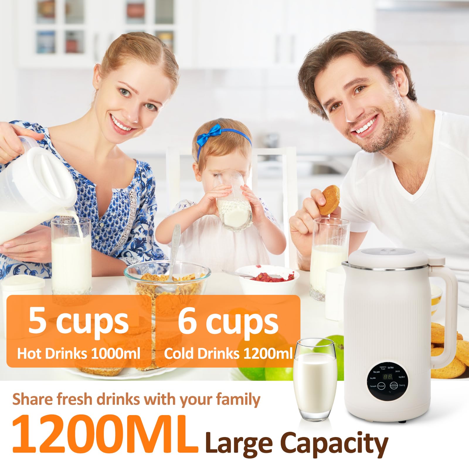 Sojamilch Hersteller 1200ml, Nussmilch Maschine mit 8 Modi, Entsafter Sojamilch Maschine mit 10 Klingen, Automatische Hafermilch Maschine mit Reinigungsfunktion/Verzögerungsstart/Warmhalten