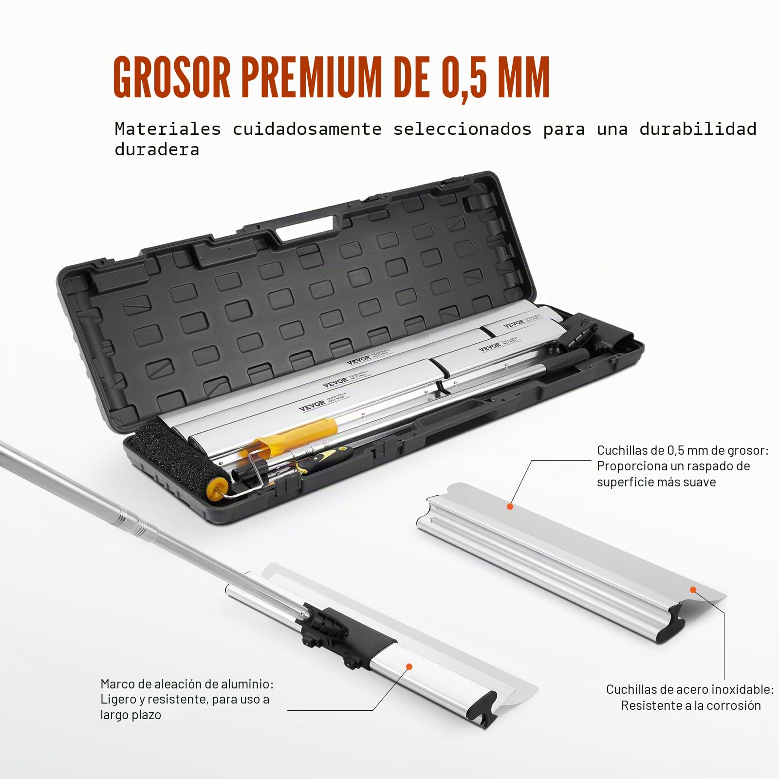 VEVOR Juego de Cuchillas para Desnatar Paneles de Yeso, Cuchillos de Acero Inoxidable de 254/406/610/813/1016 mm y Mango de Extensión de 862-2072 mm, Herramientas Profesionales para Placa de Yeso