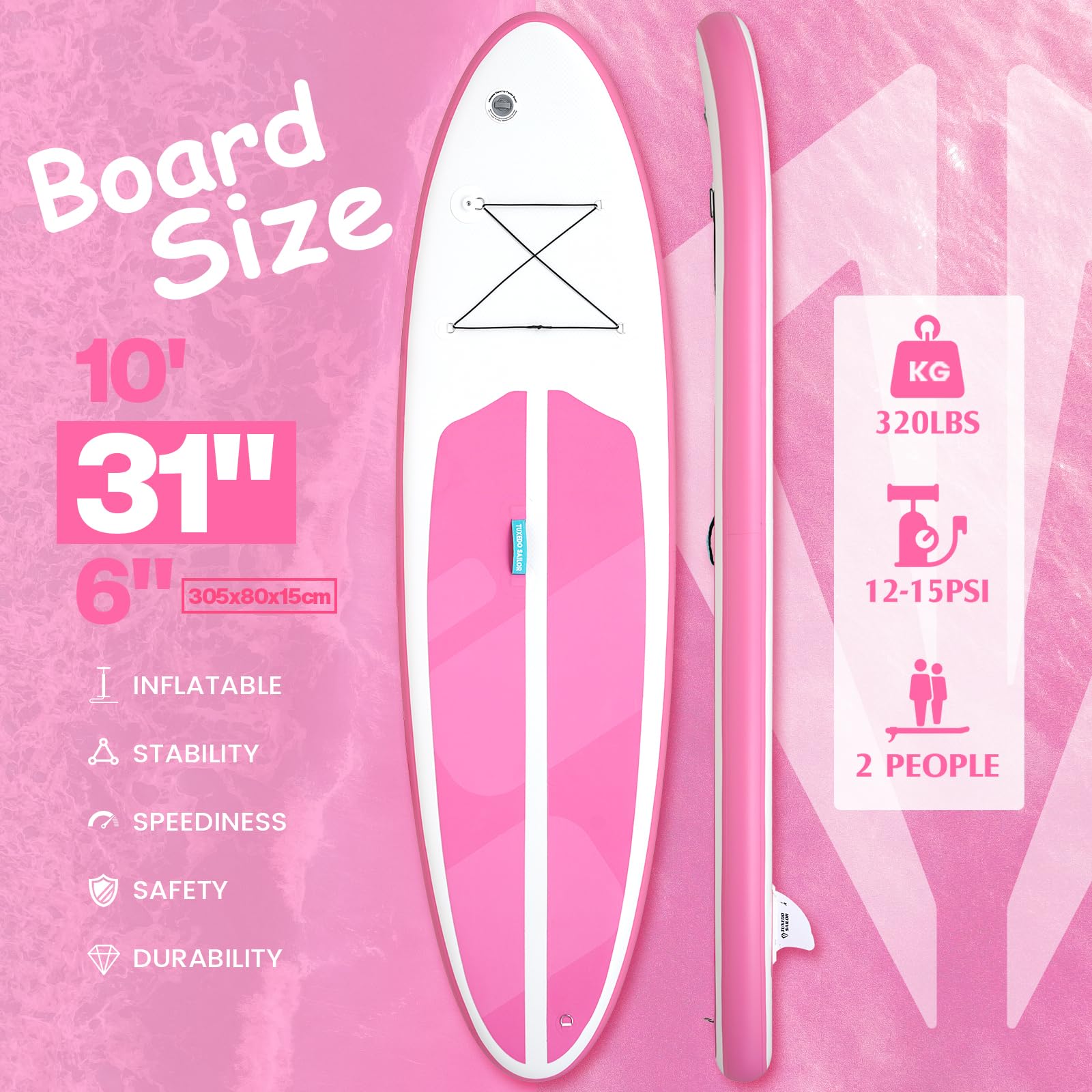 Tuxedo Sailor Tabla de remo inflable plegable para todos los niveles de habilidad, incluye tablas de remo, remo, aletas, mochila, color rosa
