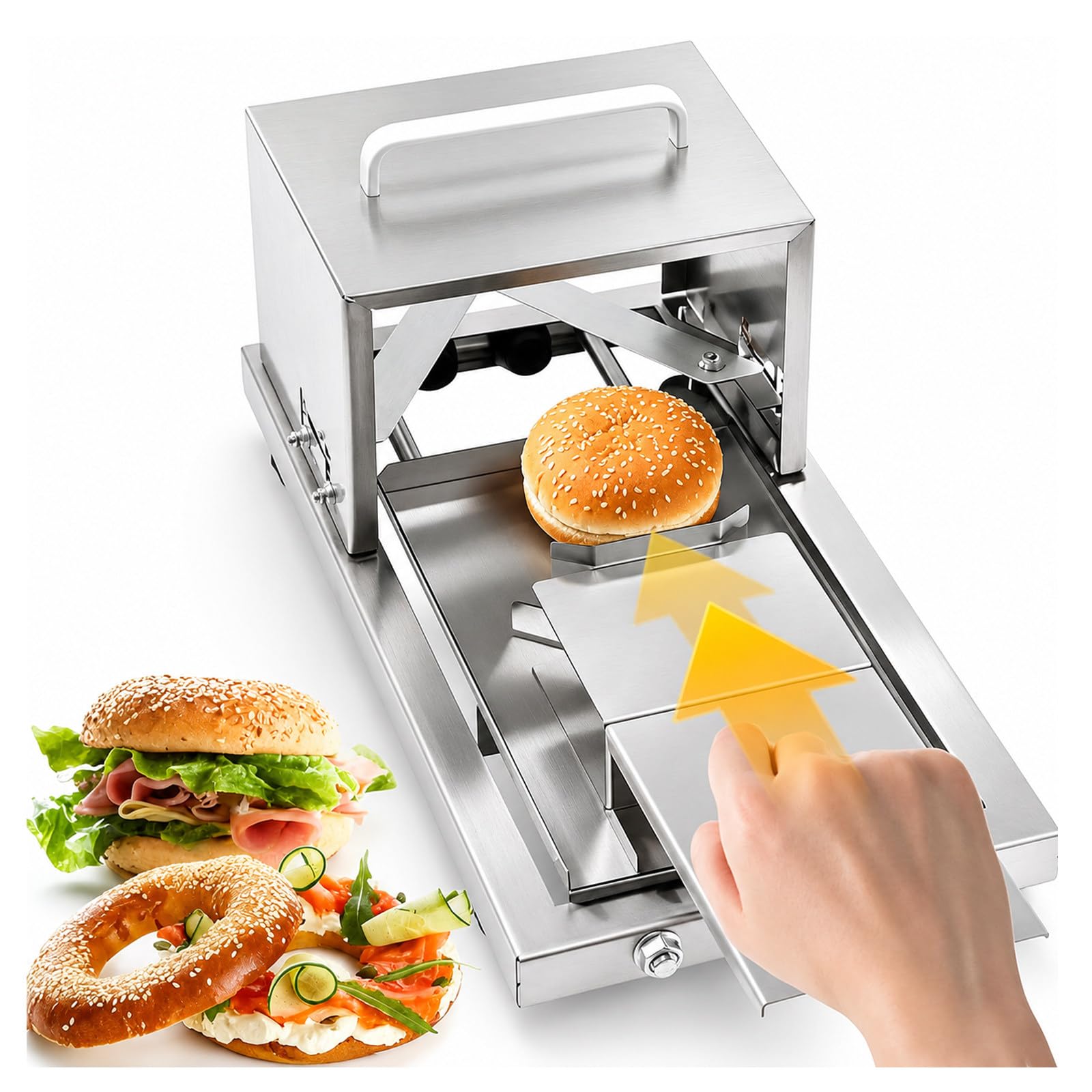 MIAOXIAOLONG Stainless Steel Bread Slicer Machine Manual – 4-in-1 Adjustable Thickness Bagel Cutter, Serrated Blade, Quick Rinse & Dishwasher Safe, Great for Bagel Lovers & Brunch Prep