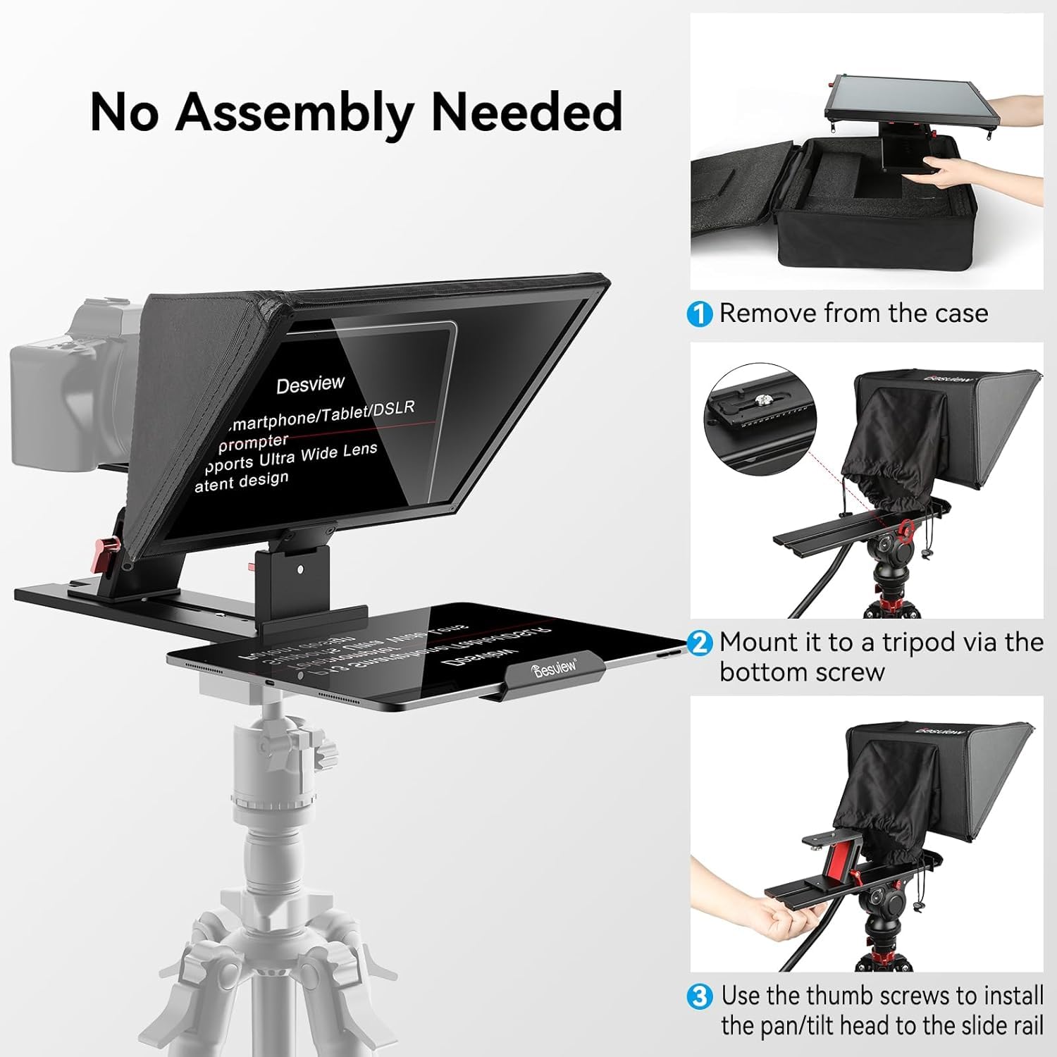 Desview P13 Teleprompter 13 Zoll, ohne Montage, für Kamera und Smartphone | Tragbarer 13-Zoll-Teleprompter für Kamera und Smartphone mit schnellem Aufbau