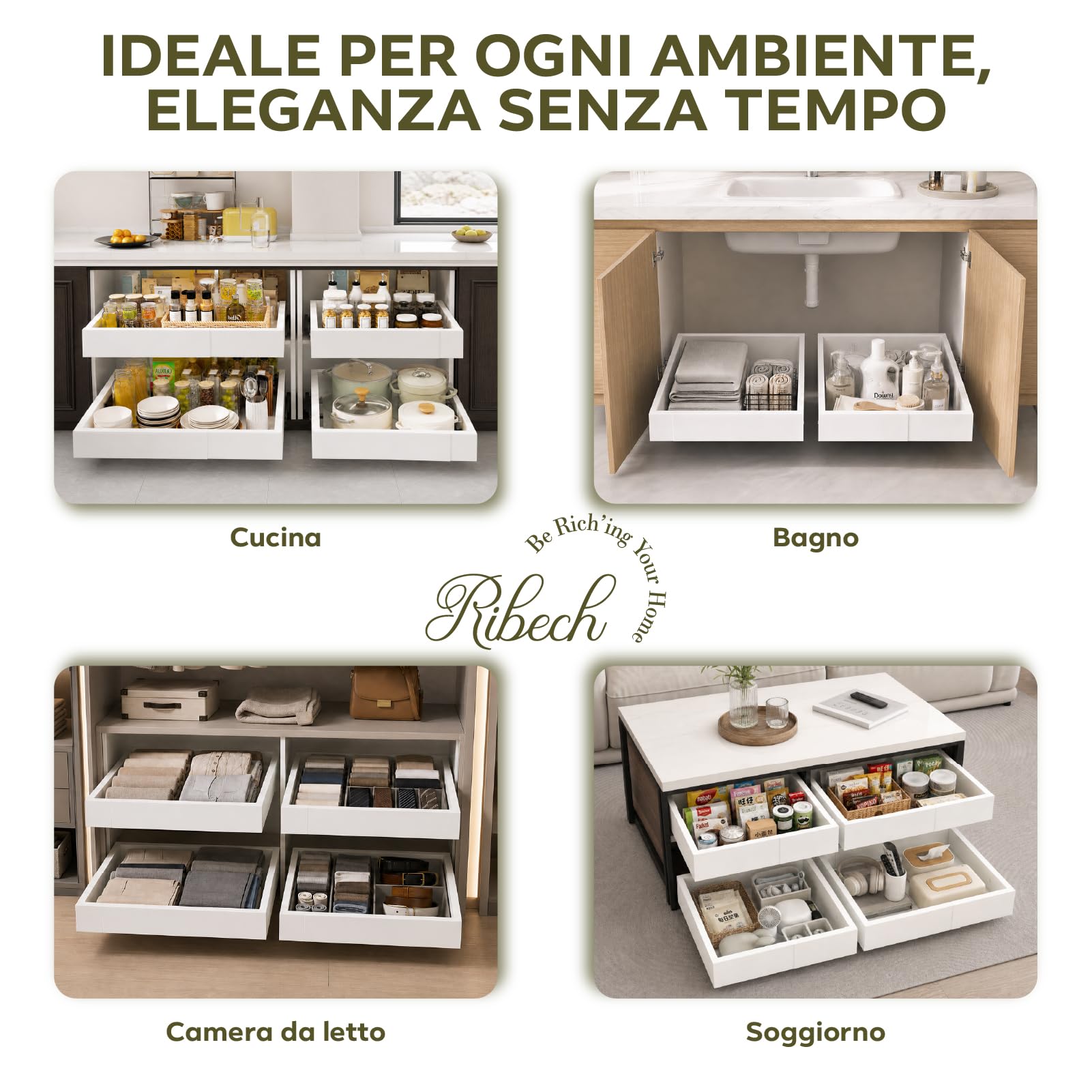 Cestello estraibile telescopico 4 direzioni per armadio cucina | Organizador de Armario con Tornillos/Adesivo, Larghezza regolabile 29-48 cm, Profondità 41,5-55 cm, Bianco