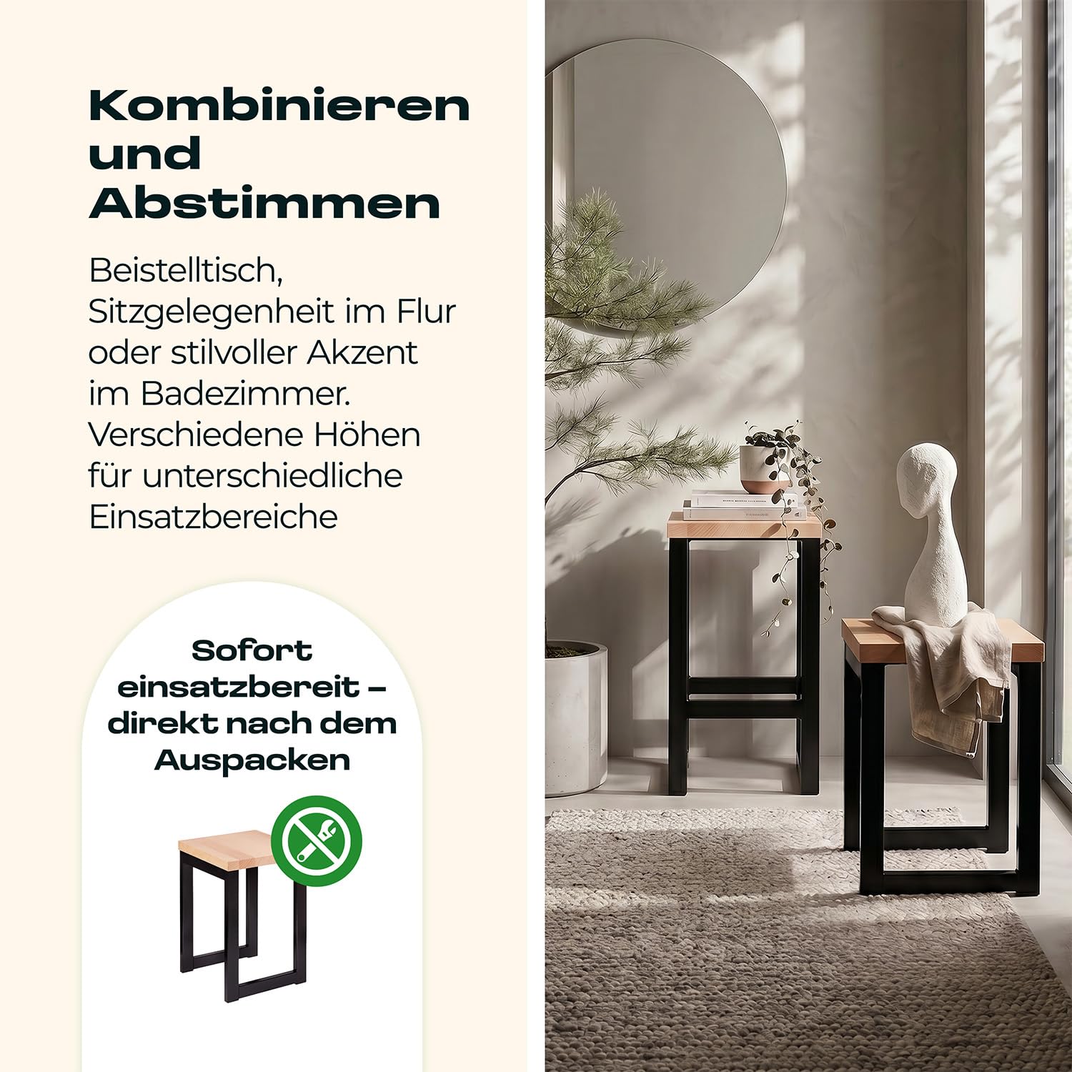 Barhocker Holz 46 cm Sitzhöhe, Barstuhl mit Metallgestell, Holzhocker Massiv mit Sitzfläche 30x30 cm, Stärke 3.5 cm, Barhocker Buche Natur