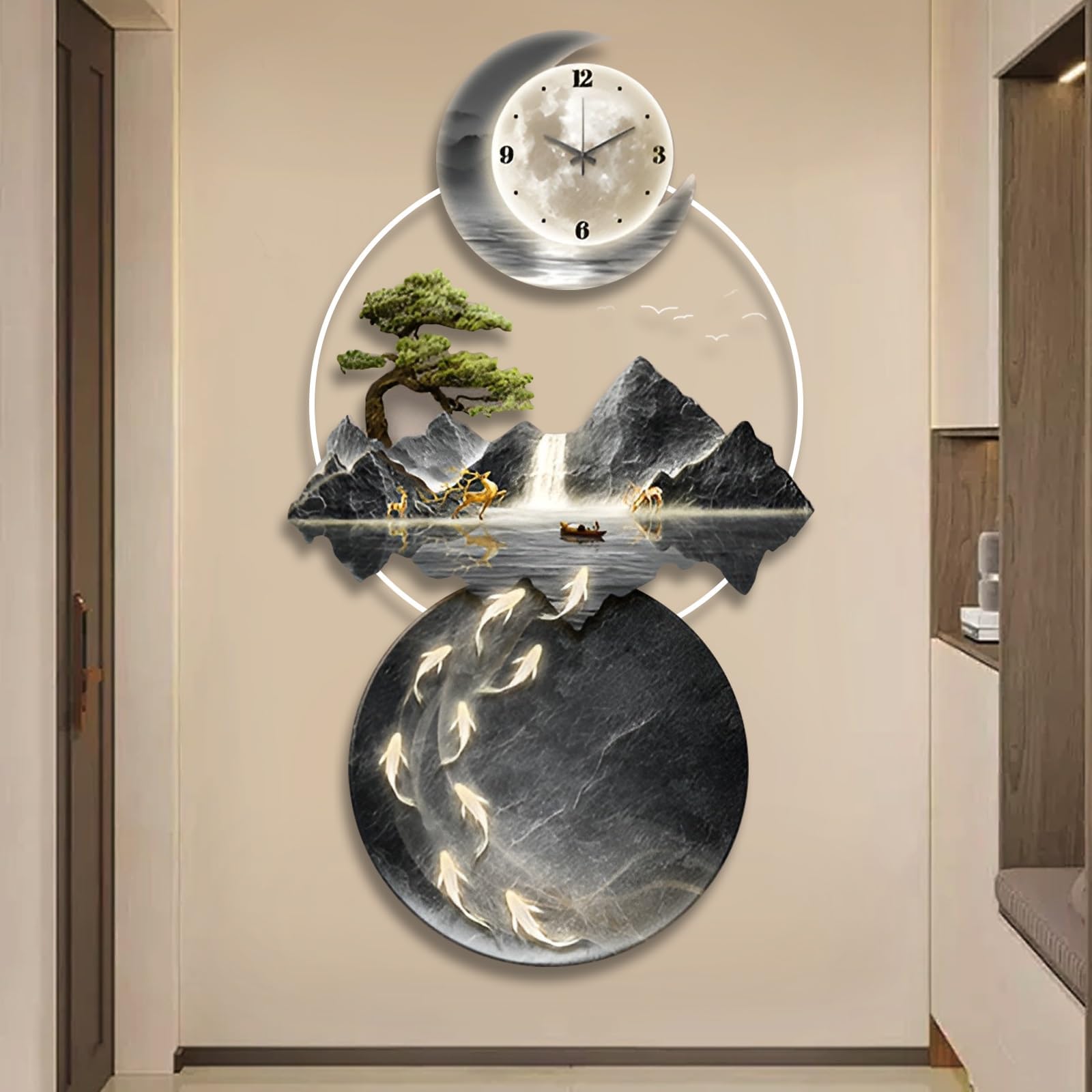 XQDYSG Wall Sculptures 3D Wall Art Decor Clock Plug-in Power Supply Home Decor Wall Modern Wall Hanging Sculpture Painting with LED Light for Bedroom Living Room Apartmen(Stylle I,27.55 * 55.11IN)