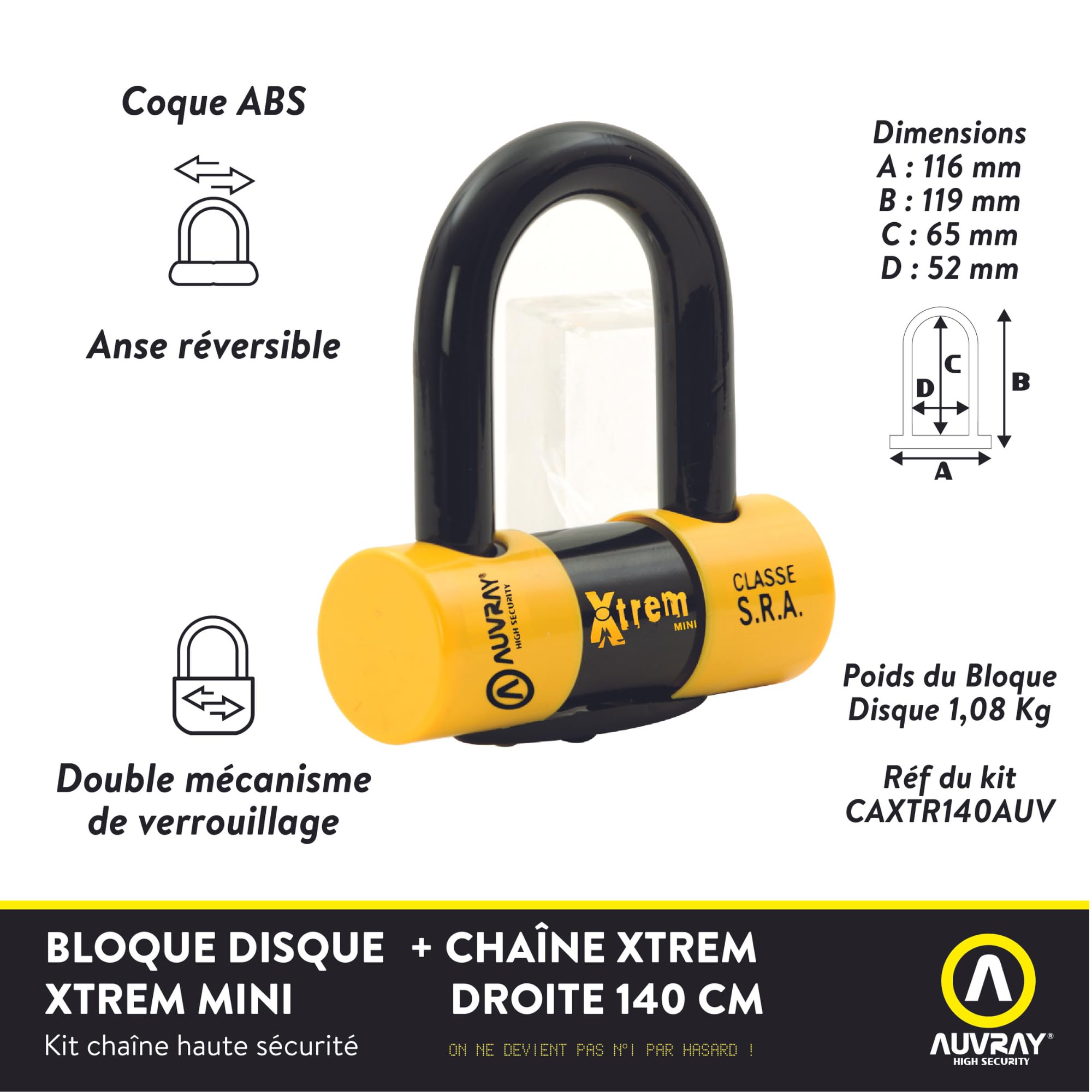 AUVRAY Chaîne et Bloque-Disque Moto U Xtrem DK-10 Homologué SRA – Goupille Acier Trempé 10 mm – Cylindre Haute Sécurité Anti-Crochetage – 3 Clés