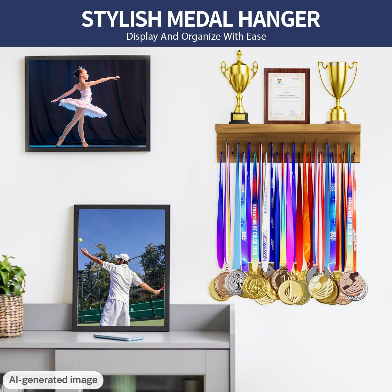 Medal Holder Display Trophy Shelf Organizer, Sturdy Wooden Race Award Hanger Rack with 25 Steel Hooks, Wall Mount Storage Stand for Sports Fans, Cheer Success