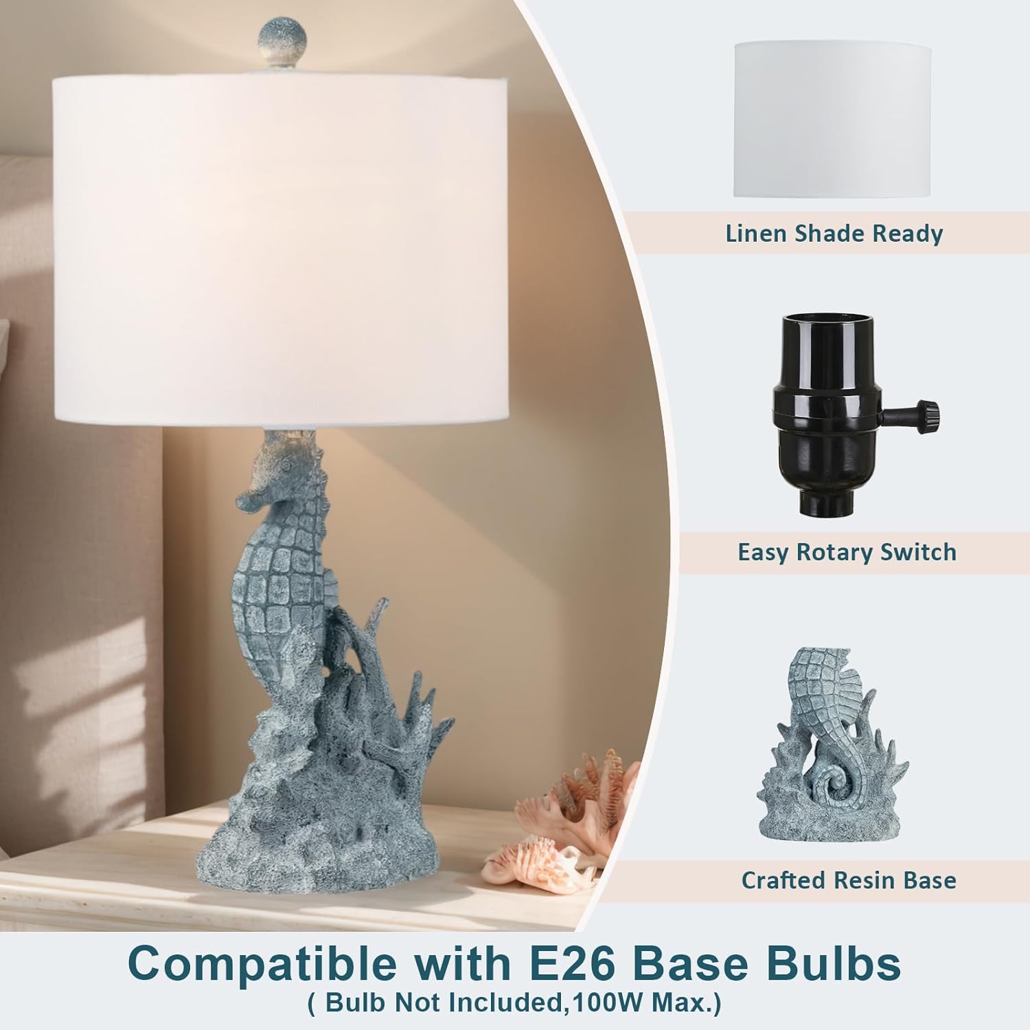 Crestview Collection Coastal Table Lamp, 21" Light Blue Resin Seahorse Lamp with Linen Shade, Ocean Nautical Home Decor for Nightstands or End Table, Beach Style Lamp for Bedroom,Living Room,Hallway