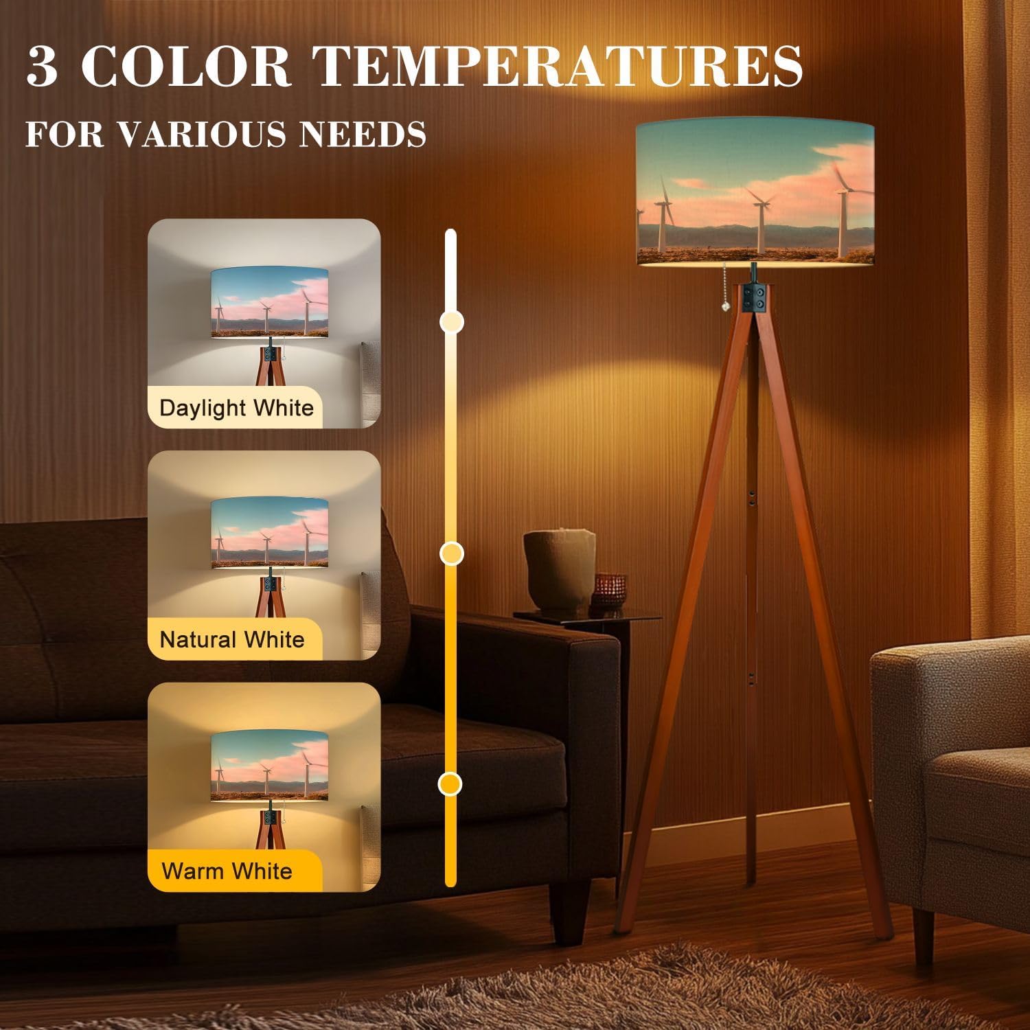 Wood Tripod Floor Lamp Palm California Wind Farm Mid Century Standing Lamp Linen Shade Dimmable Modern Tall lamp Home Decor for Living Room Bedroom Office