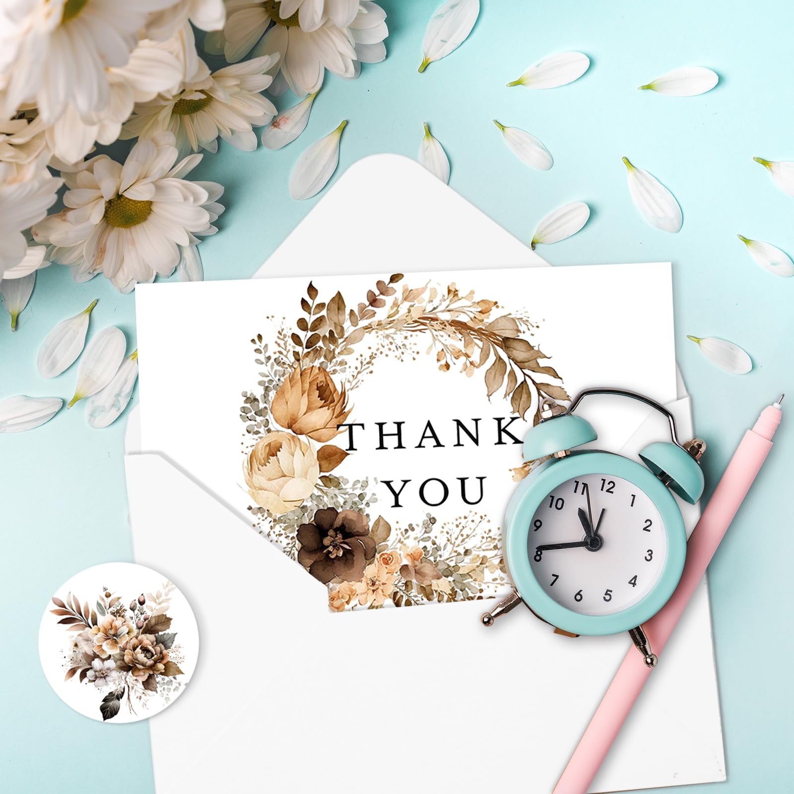 AnyDesign Paquete de 36 tarjetas de agradecimiento de flores a granel, tarjetas de agradecimiento florales marrones con sobres y calcomanías, hojas florales, tarjetas de felicitación en blanco para