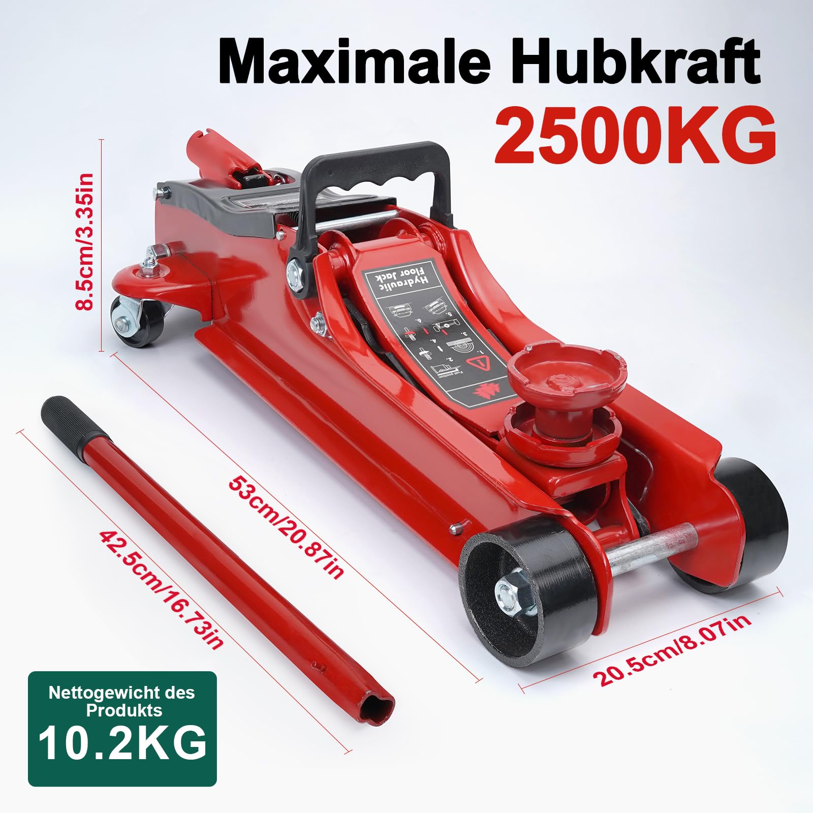 HYCHIKA Hydraulischer Wagenheber Hydraulisch 2.5T, Rangierwagenheber mit Hydraulischer Kolben-Schnellhubpumpe, Hydraulikheber, 135-370 MM Hubbereich, für Limousine, SUV, Reifenwechsel Ersatz