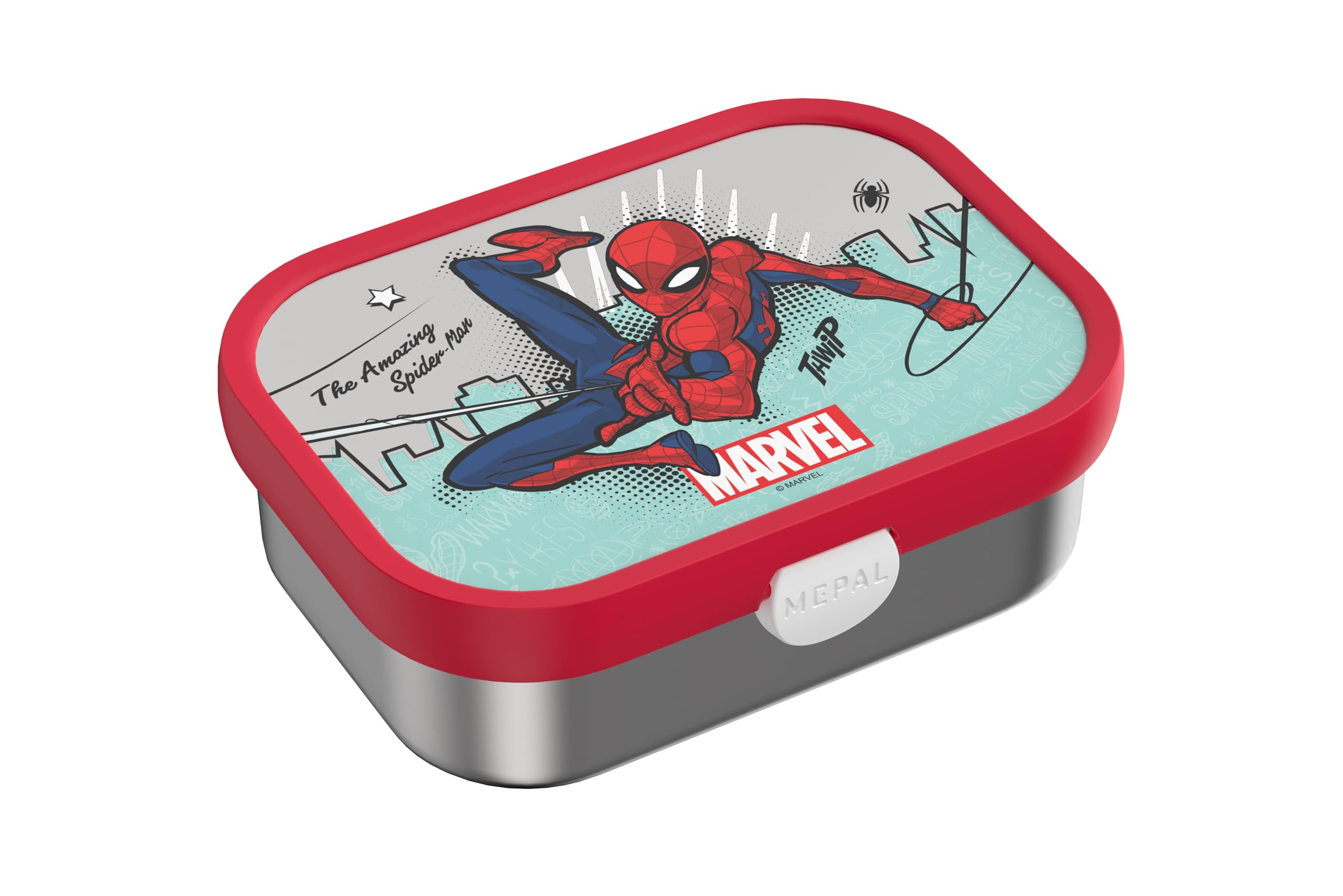 Mepal - Brotdose Edelstahl Campus - 750 ml - Spiderman | Bento Box Kinder - Brotdose Edelstahl Kinder mit Fächern & Gabel - Meal Prep Box mit Clip-Verschluss