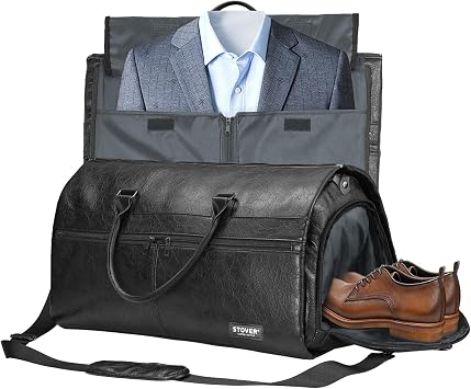 Garment Travel Duffle Bag, Large 2-in-1 Convertible Carry-on Luggage for Men & Women- Hanging Suits, Dresses & Clothes + Shoe Compartment- Weekender Tote Combo Duffel Black Leatherette