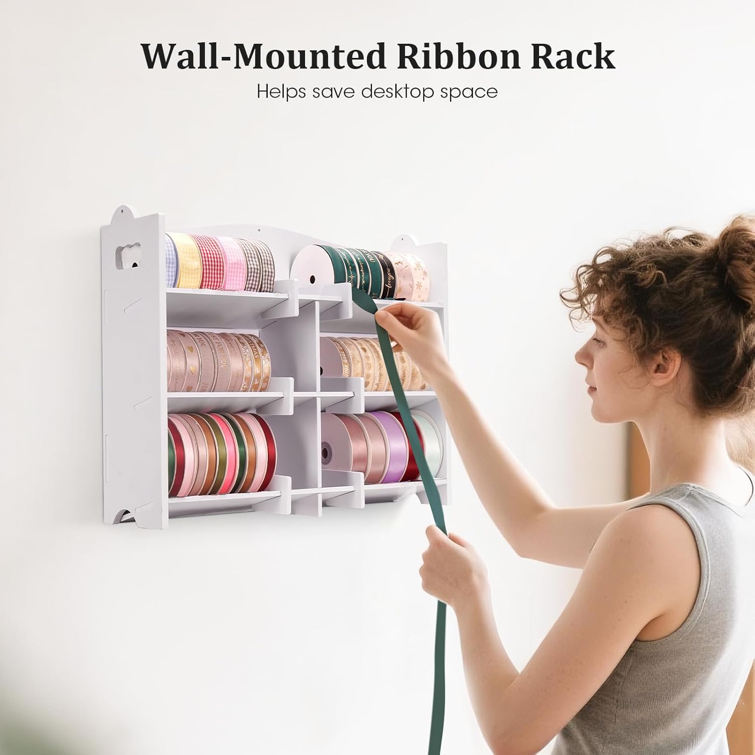 Stackable Small Roll Ribbon Storage Organizer Rack, Wall-Mountable Ribbon Holder Rack for Craft Room, Desktop Ribbon Spool Holder for Ribbons up to 4 in Diameter