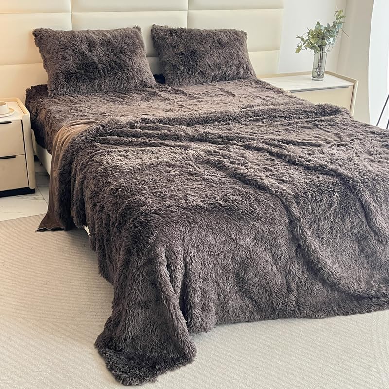 Kid Faux Fur Gray Queen 4 PC Sheet Set with Extra Soft Plush Velvet Flannel Fluffy Fuzzy (Pillowcase x 2, Flat Sheet x 1, Fitted Sheet x 1)