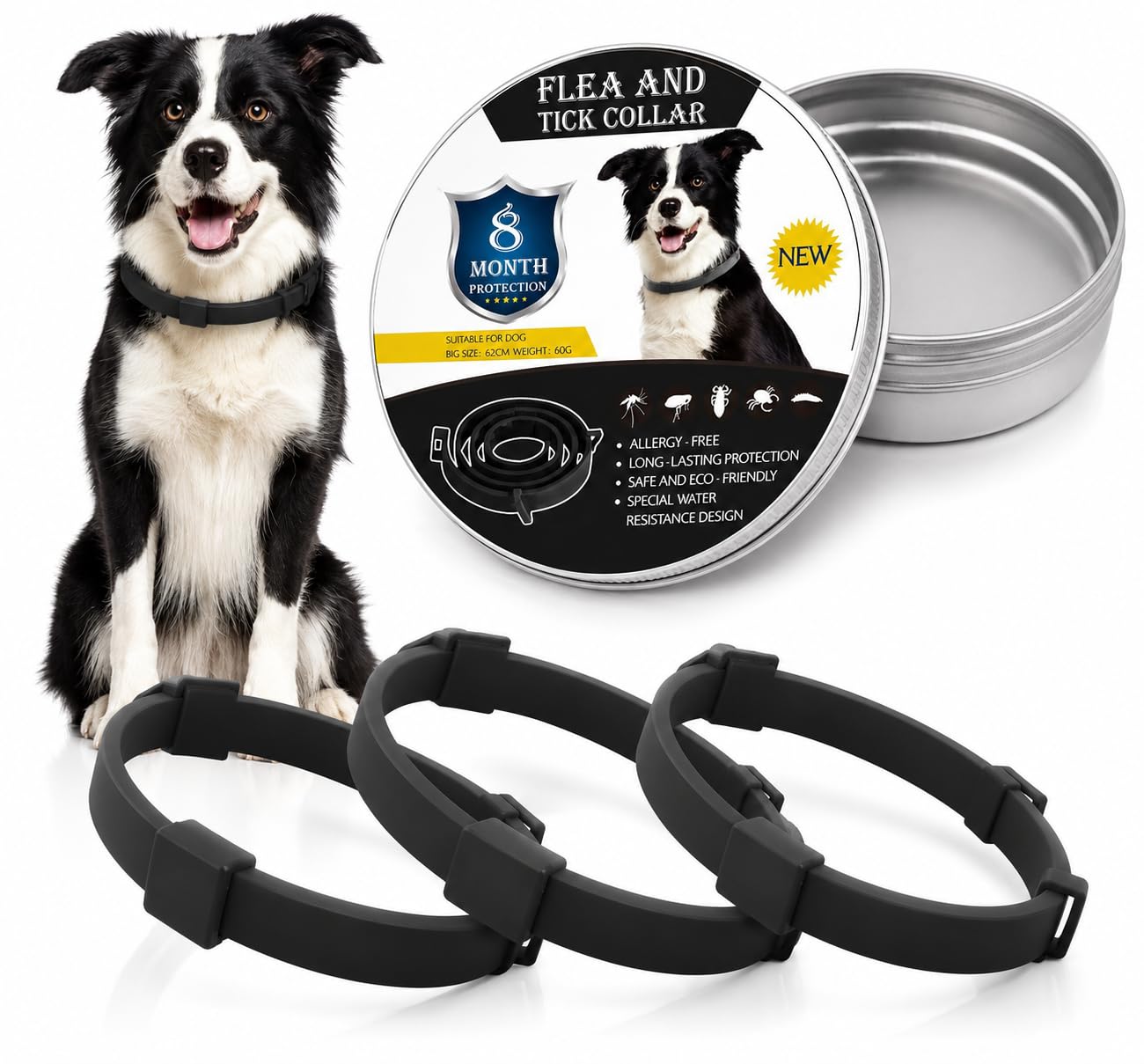 Anti-parasitic Collar for Dogs, Black, Adjustable and Waterproof, 8 Months Flea and Tick Protection, Pack of 3