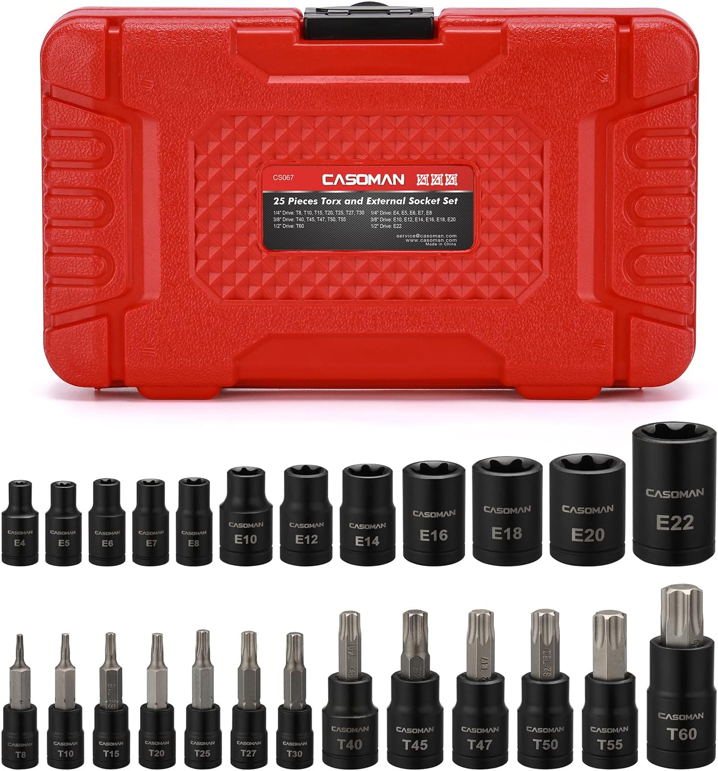 CASOMAN 25 Piece Torx Bit Socket and External Socket Set, 13 Star Socket Bits (T8- T60)& 12 Female E-Torx Sockets (E4-E22)