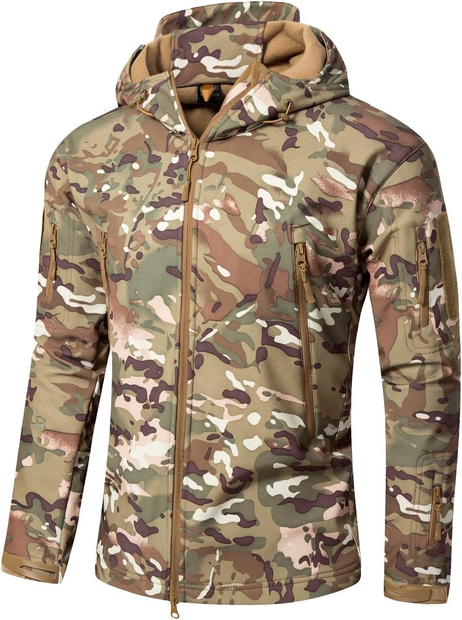 Men's Tactical Softshell Fleece Jackets Camouflage Military Hoodie Outdoor Hiking Camping Warm Lining Windproof Waterproof Ski Jacket Coat