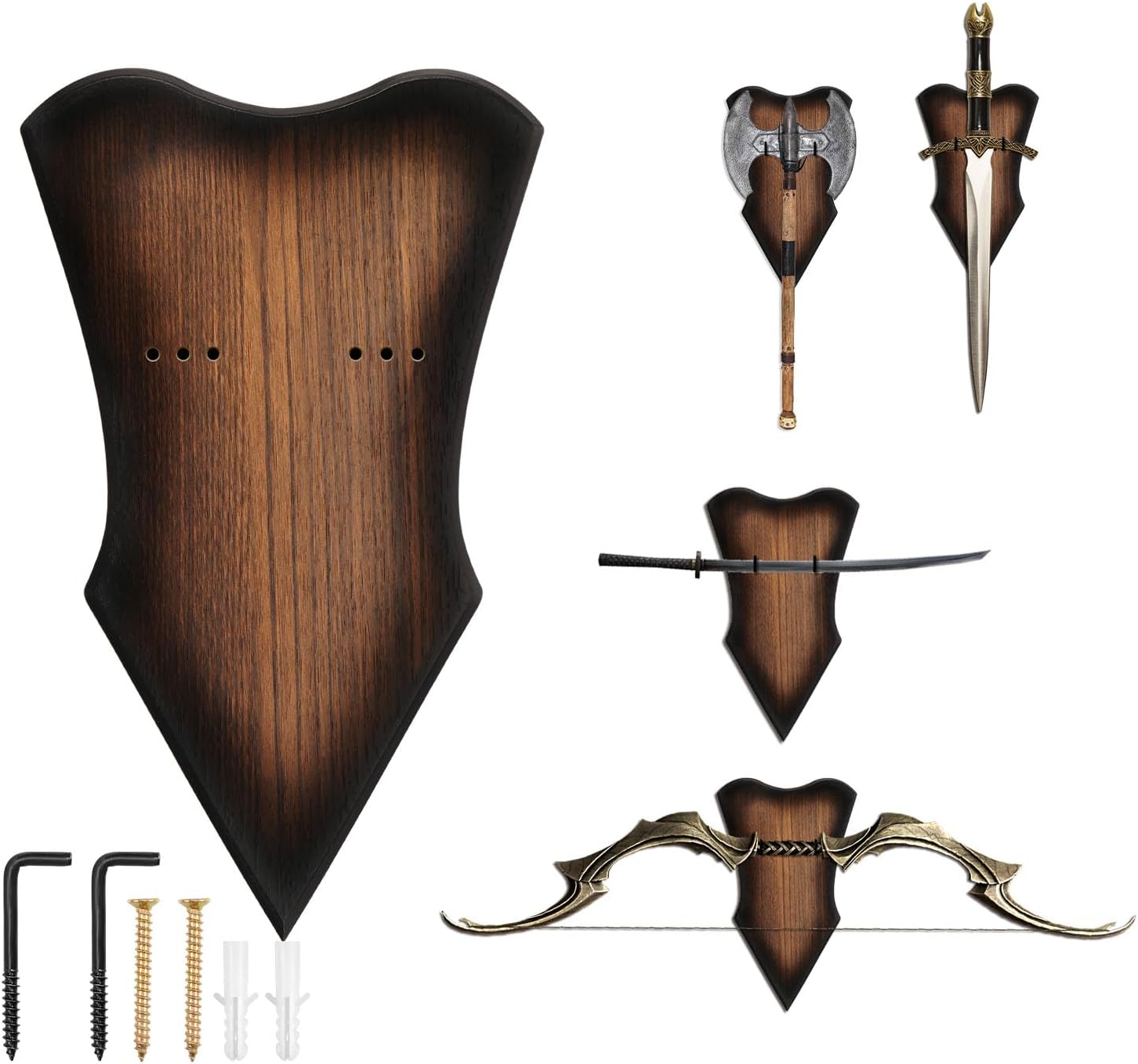 Sword Wall Mount Brown Swords Plaque Adjustable Vertical Sword Stand Multifunctional Wood Katana Wall Mount Stand for Displaying Medieval Bow Dagger Axe Anime Prop(brown,L)