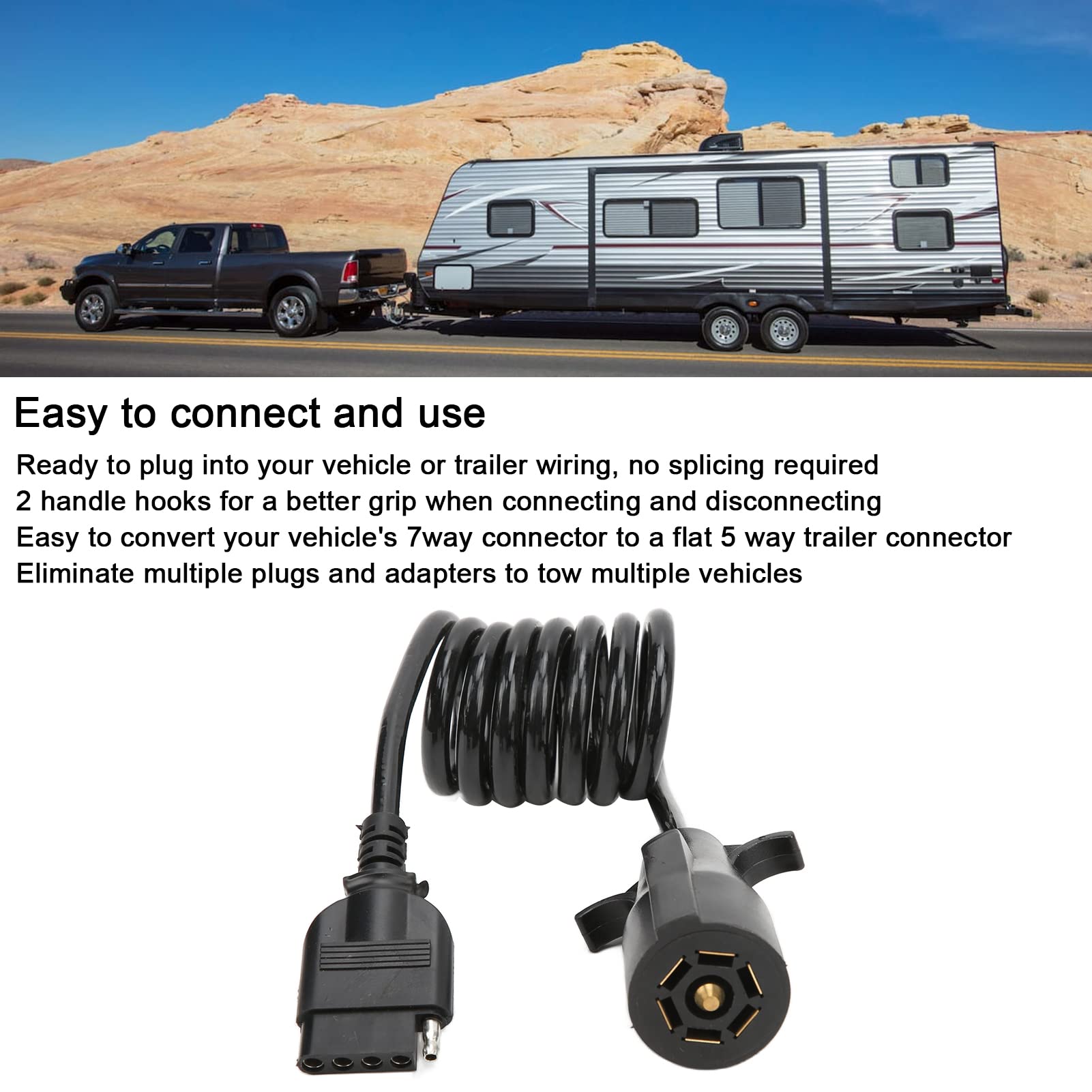 RV Blade 7 Way Round to 5 Way Pin Flat Trailer Coiled Wiring Connector Adapter Plug 5-Foot 5ft 7 Pin to 5 Pin Trailer Wiring Connector for Campers and Boat Trailers Usable Length 40 Inches