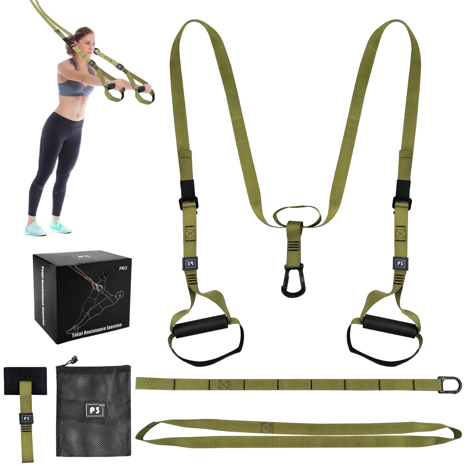 Allenamento in Sospensione, Kit per Allenamento a Sospensione con Ancoraggio per Porta, Fitness Da Casa, Sling Trainer Set, Outdoor Fitness Gym, per Indoor e Outdoor, Verde Militare